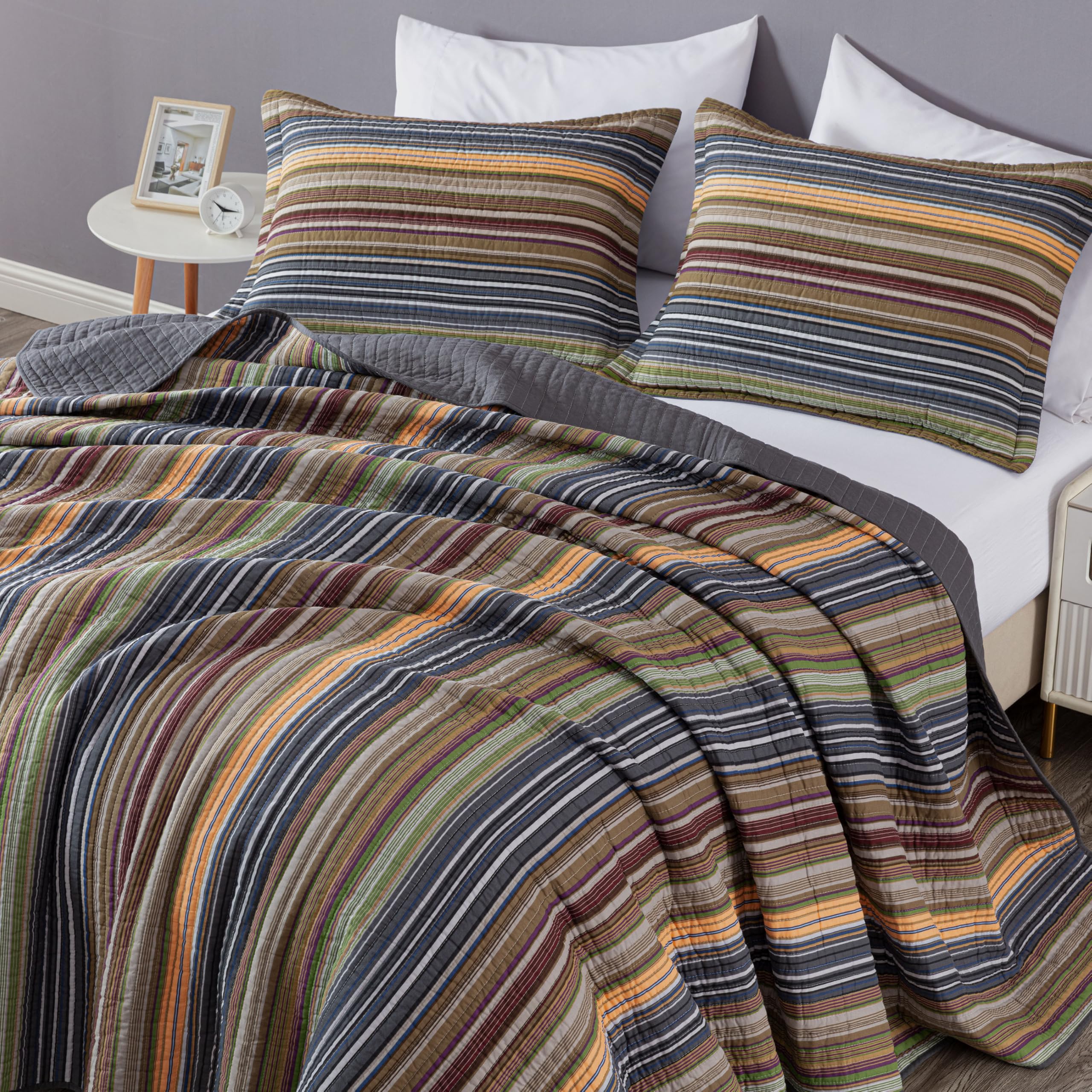 Chezmoi Collection Avery Striped Cotton Quilt Set Twin Size, 2-Piece Soft Pre-Washed 100% Cotton Quilt, Multi-Color Brown