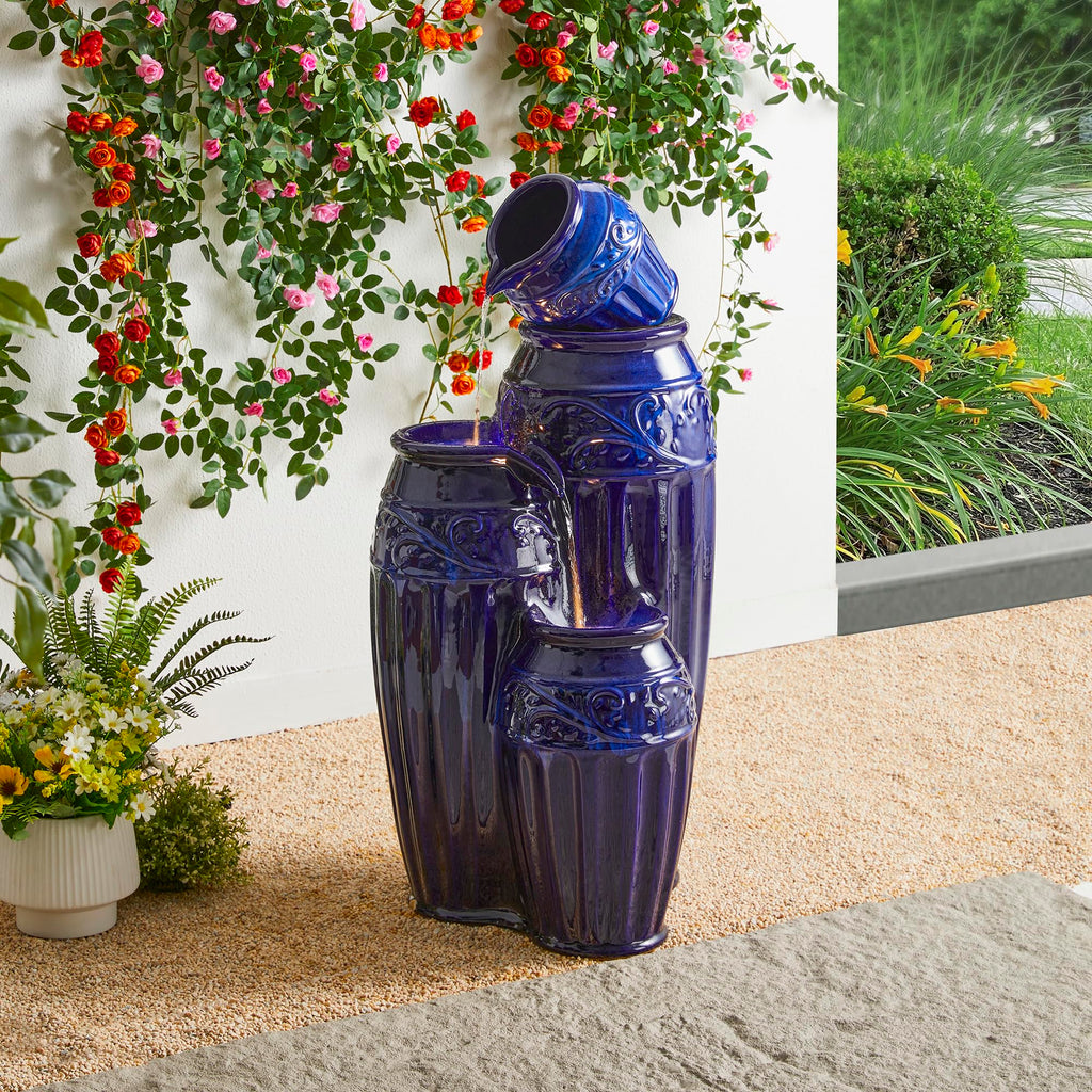 Glitzhome 27.25" H Outdoor Garden Water Fountain with LED Lights and Pump, 4 Tier Cobalt Blue Embossed Pattern Ceramic Pots Cascading Floor Standing Fountain for Porch Deck Patio Backyard Decoration