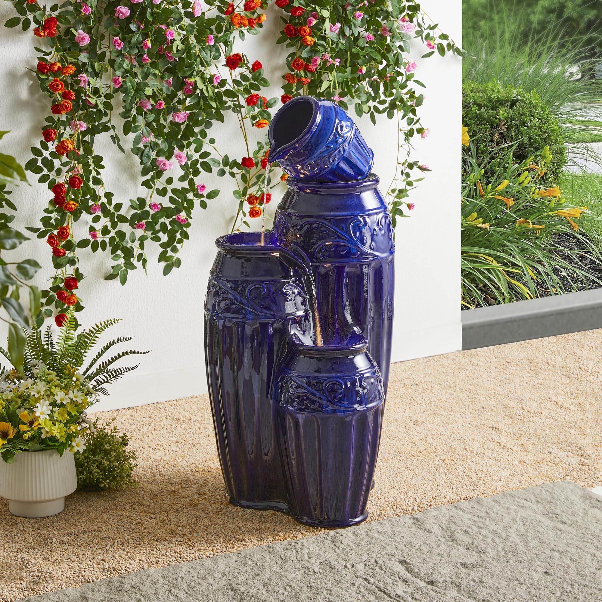 Glitzhome 27.25" H Outdoor Garden Water Fountain with LED Lights and Pump, 4 Tier Cobalt Blue Embossed Pattern Ceramic Pots Cascading Floor Standing Fountain for Porch Deck Patio Backyard Decoration