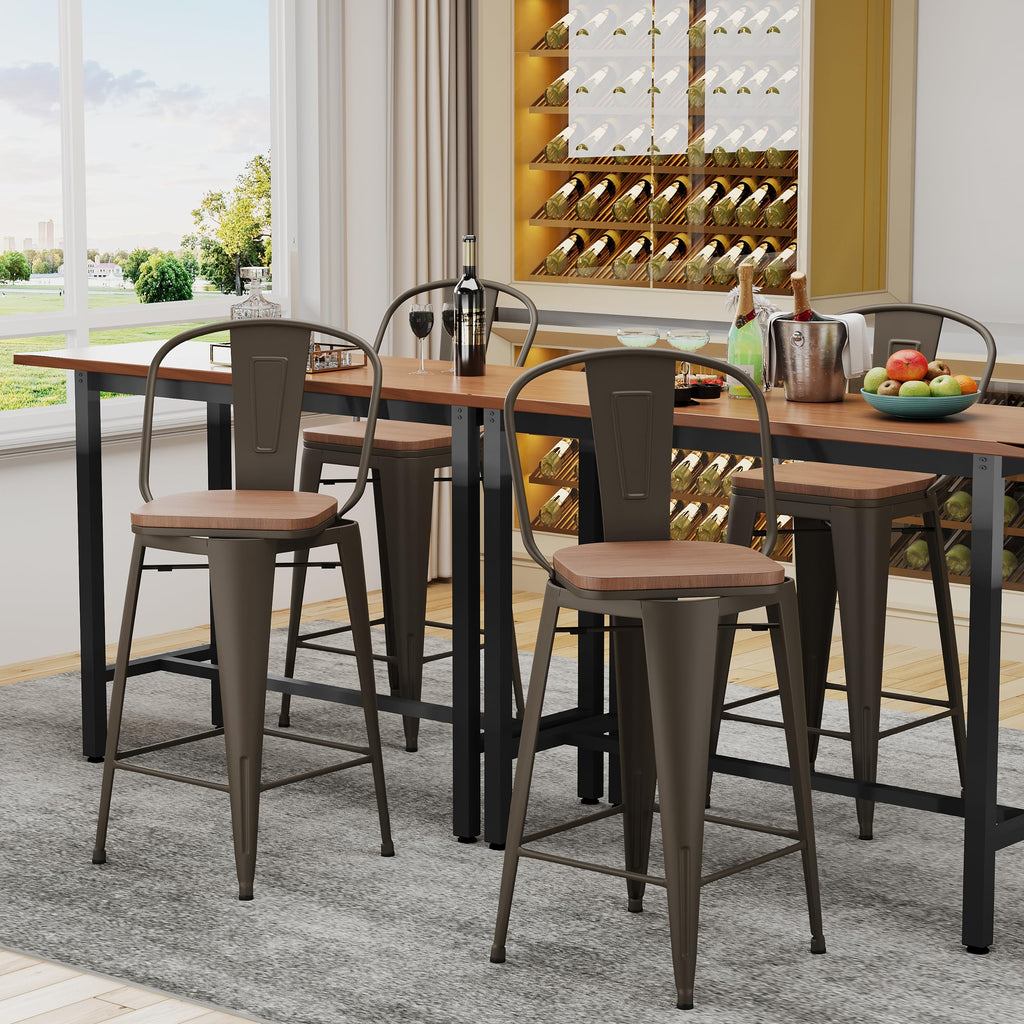 Alunaune 24" Swivel Metal Bar Stools Set of 4 High Back Counter Height Barstools Industrial Dining Bar Chairs with Large Wooden Seat-Matte Black