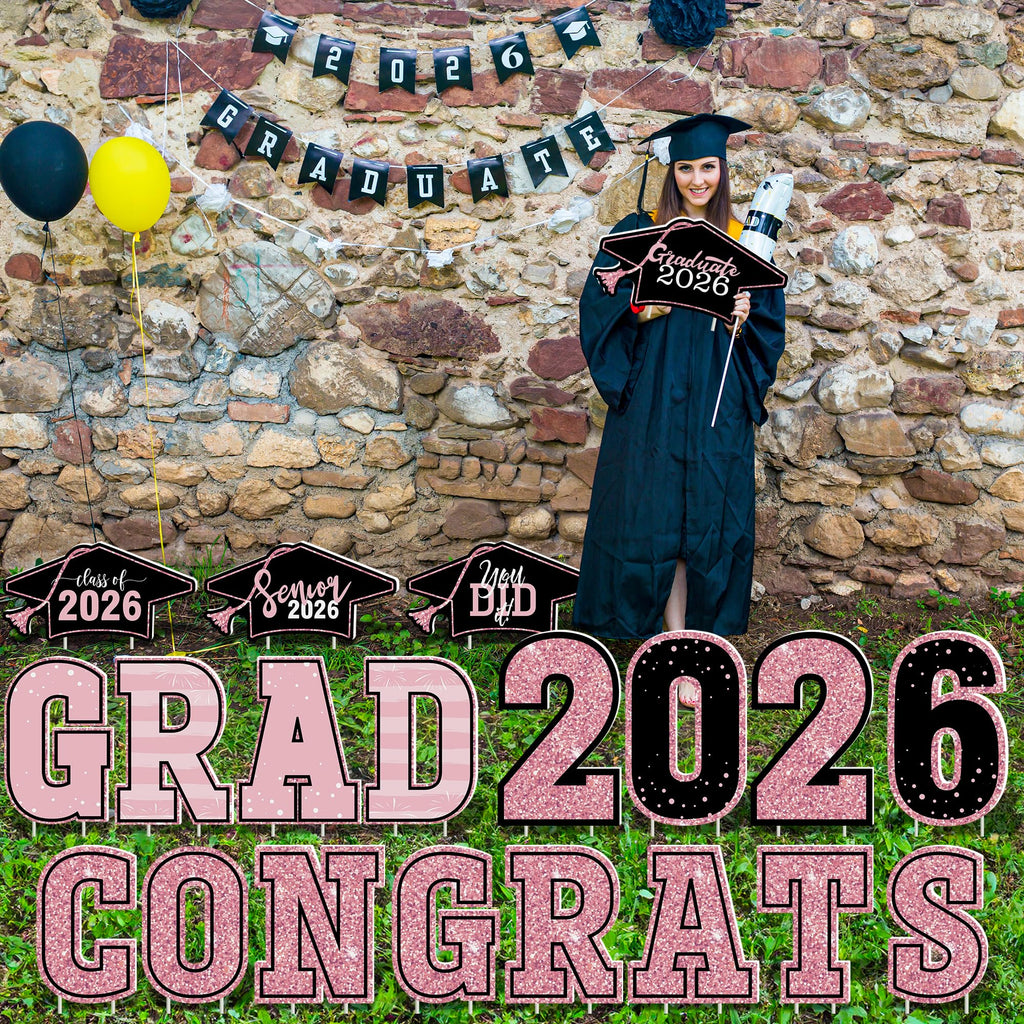 HOVACY 20 PCS Black Gold Graduation Yard Signs Class of 2026 | Black Gold 20 PCS, 40 Stakes, 11.57 x 16.14 in, Corrugated Plastic, Waterproof, Congrats Grad Sign, Graduation Sign