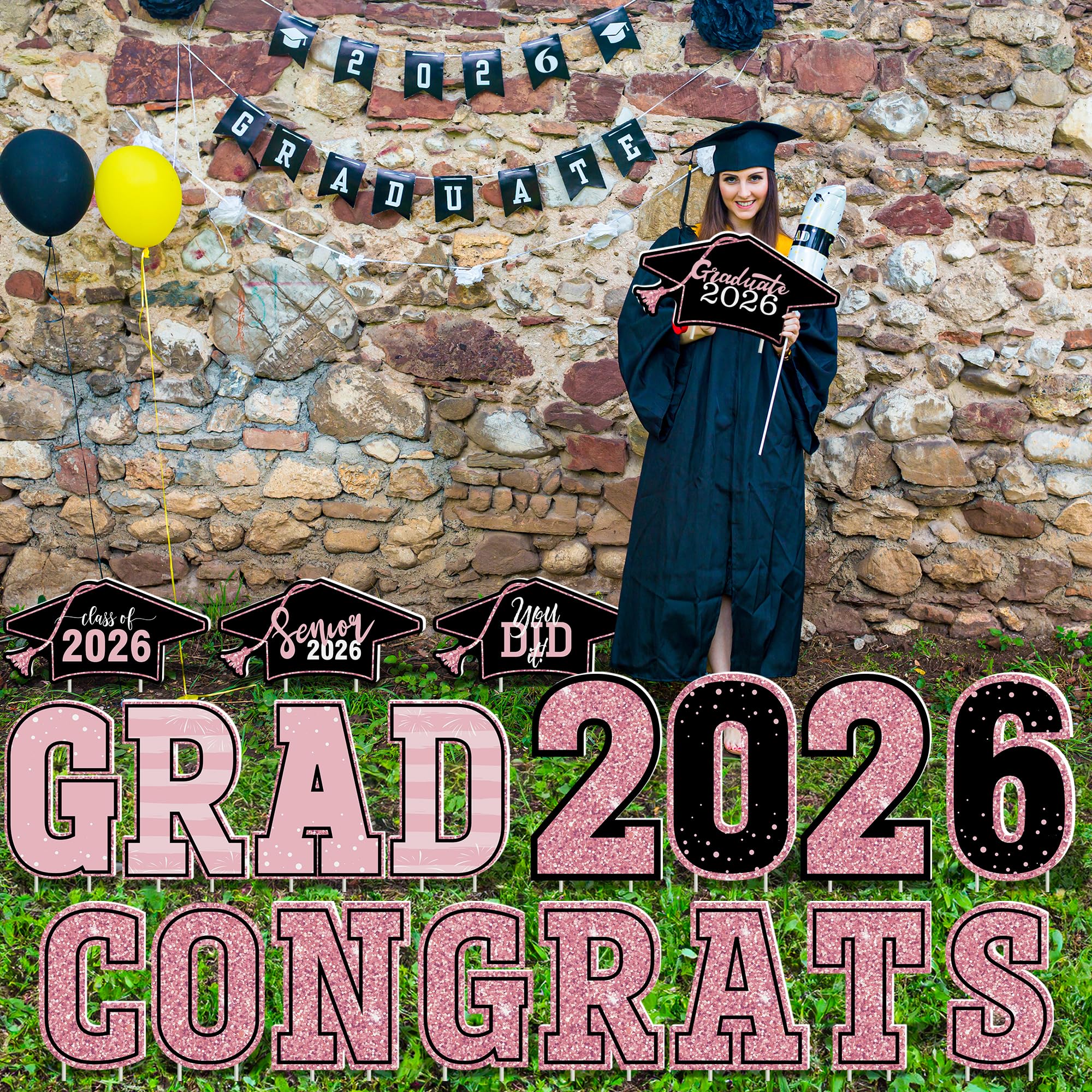 HOVACY 20 PCS Black Gold Graduation Yard Signs Class of 2026 | Black Gold 20 PCS, 40 Stakes, 11.57 x 16.14 in, Corrugated Plastic, Waterproof, Congrats Grad Sign, Graduation Sign