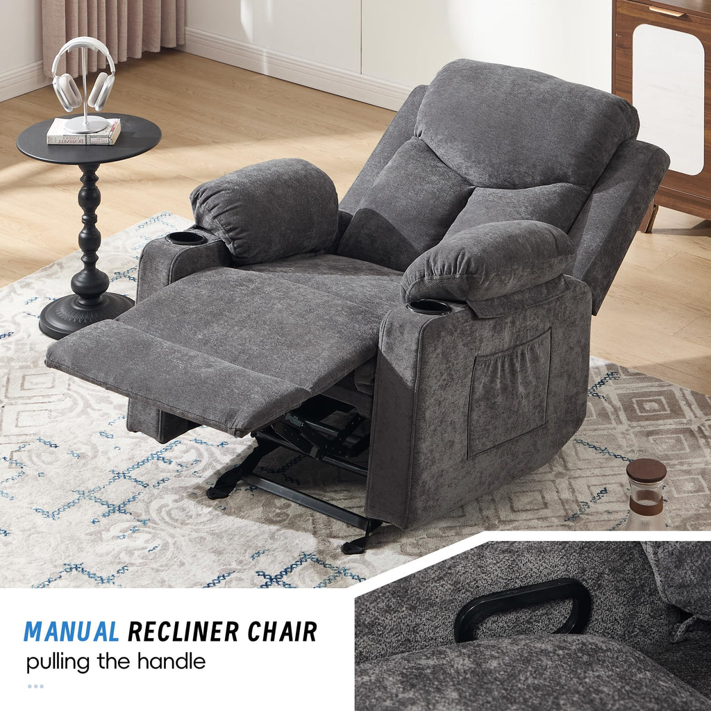 Manual Rocker Recliner Chair for Adults with Massage, Overstuffed Glider Rocking Chair with Cup Holders and Pockets for Living Room, Reclining Sofa Chair for Bedroom Nursery,Beige