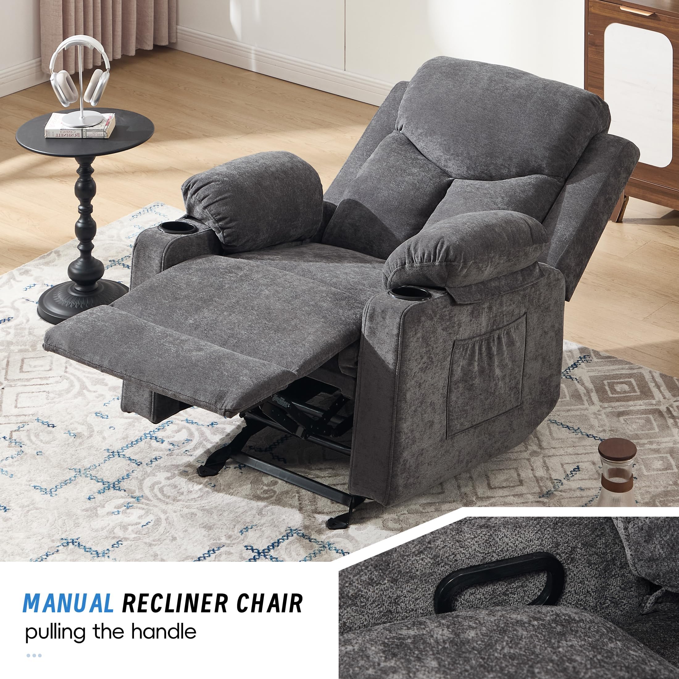 Manual Rocker Recliner Chair for Adults with Massage, Overstuffed Glider Rocking Chair with Cup Holders and Pockets for Living Room, Reclining Sofa Chair for Bedroom Nursery,Beige