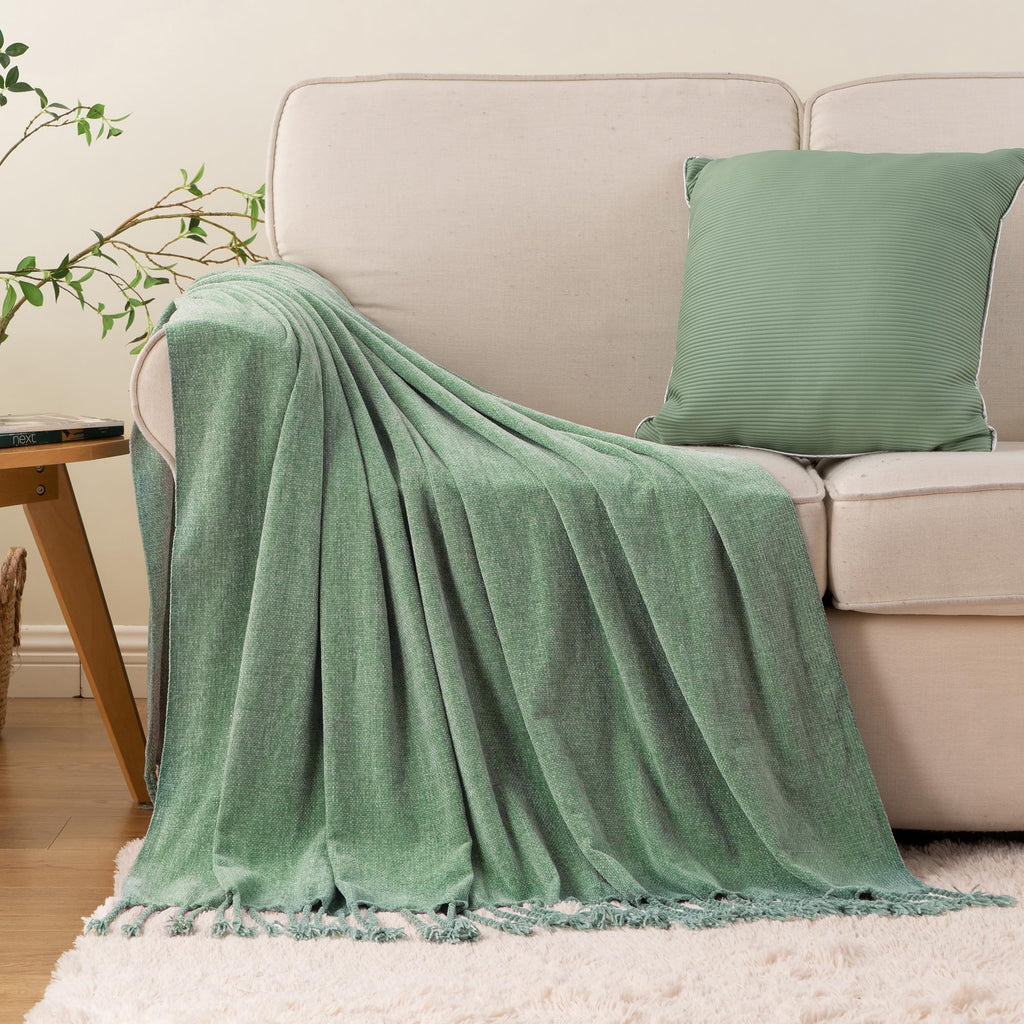 BATTILO HOME Beige Chenille Throw Blanket for Couch, Soft Cozy Textured Knit Throw Blanket with Handmade Fringe Tassels, Lightweight Decorative Farmhouse Blanket for Sofa Bed Chair, 50"x60"