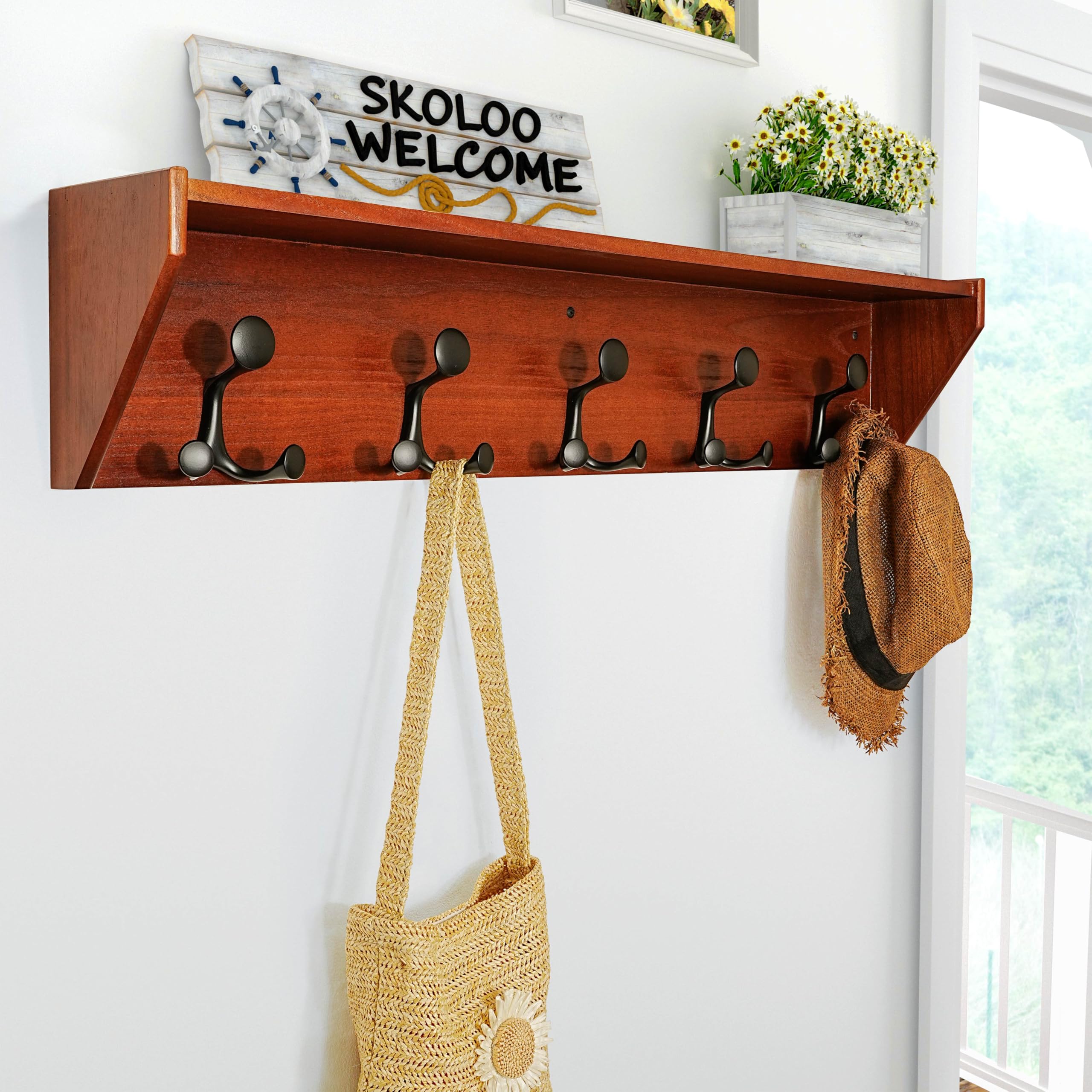 SKOLOO Wall Shelf with Hooks, 24-Inch Cherry Coat Rack Wall Mount with Shelf Organizer - Heavy Duty, 4 Tri Hooks - Perfect for Entryway, Hallway, Living Room, Bedroom, Mudroom