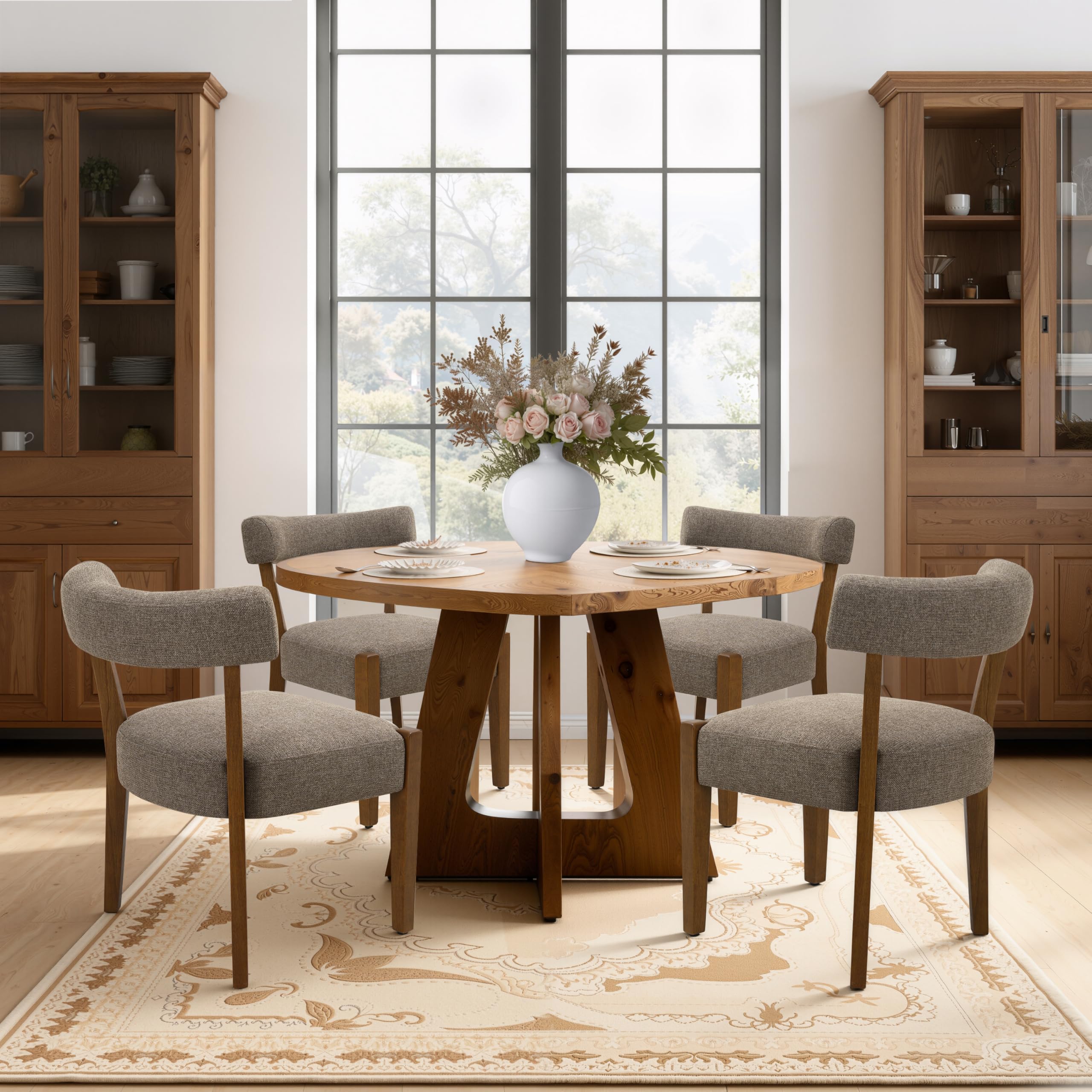 RNKSFX Upholstered Dining Chairs Set of 2, Walnut Wooden Kitchen & Dining Room Chairs, Mid Century Modern Fabric Farmhouse Dining Chairs Oversized Sturdy Rounded Chairs Curved Back, Beige Fabric