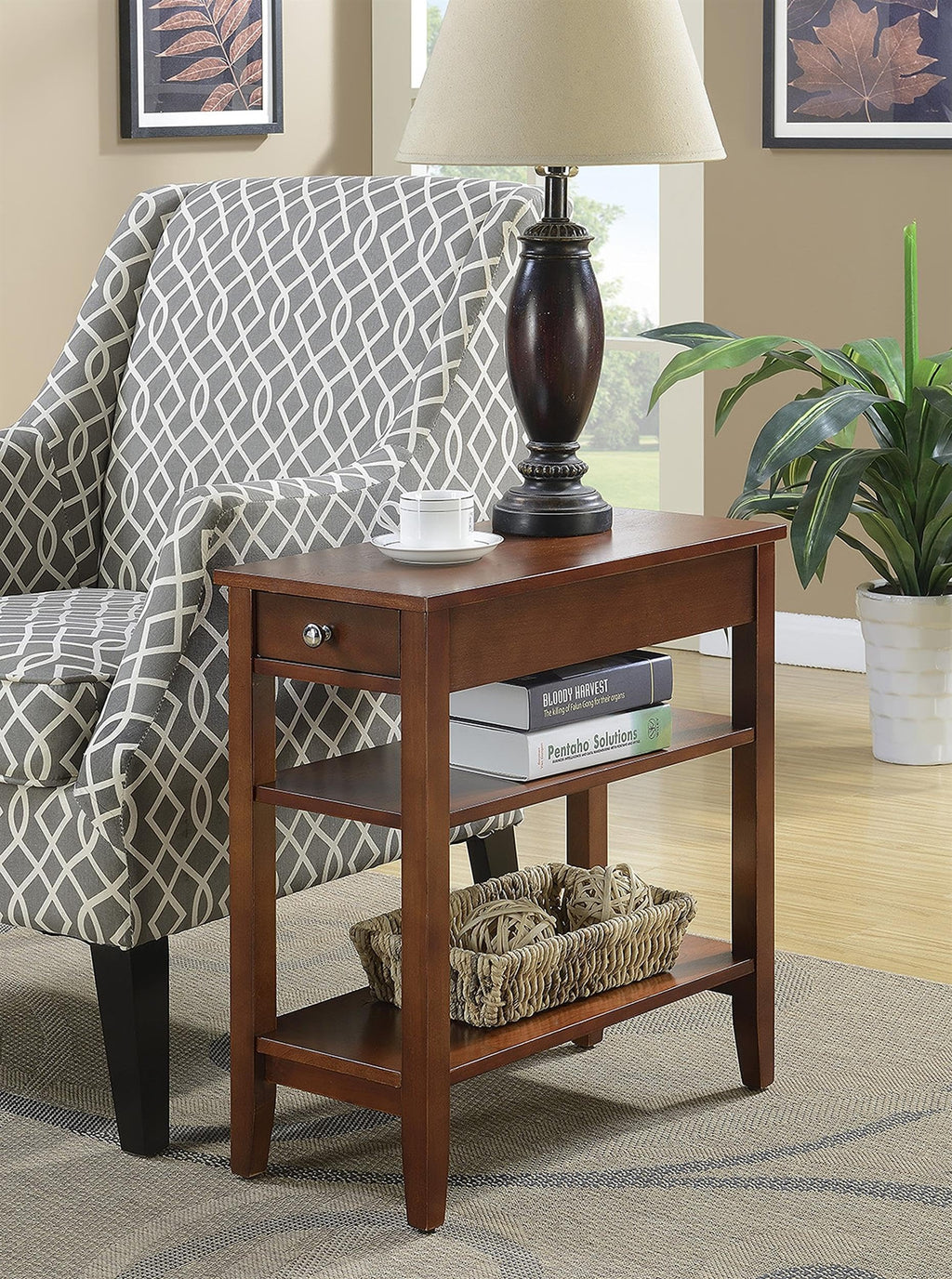Convenience Concepts American Heritage Chairside End Table with Drawer 23.5" - Classic Living Room Table with Storage Shelf, Bedroom Nightstand, Black