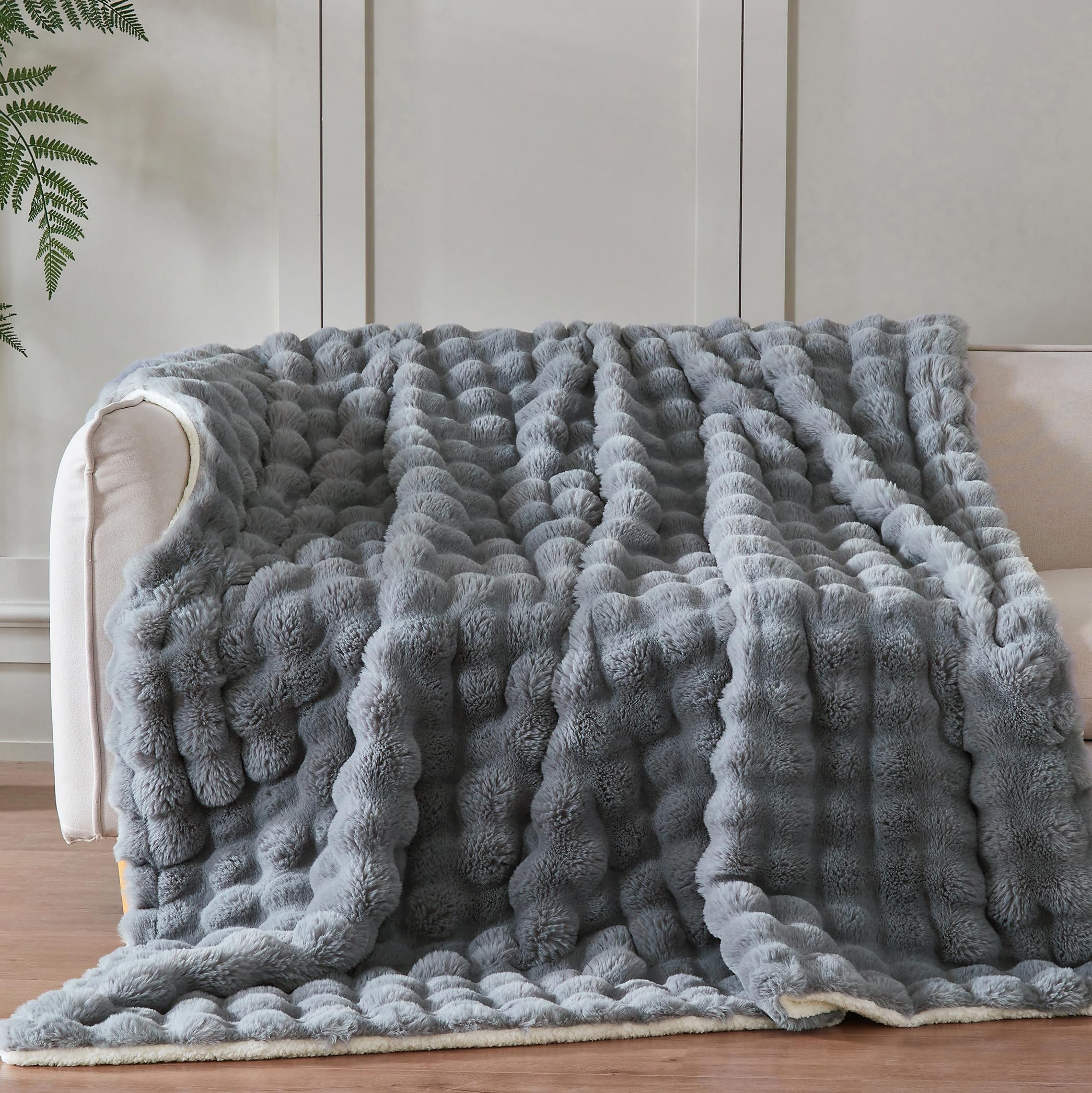 50x60 Inches Ultra-Soft Fuzzy Faux Fur Plush Throw Blanket - Thick, Warm Sherpa for Couch, Sofa, Bedroom, Camping - Decorative Blanket for Cozy Warmth, Bubble Grey