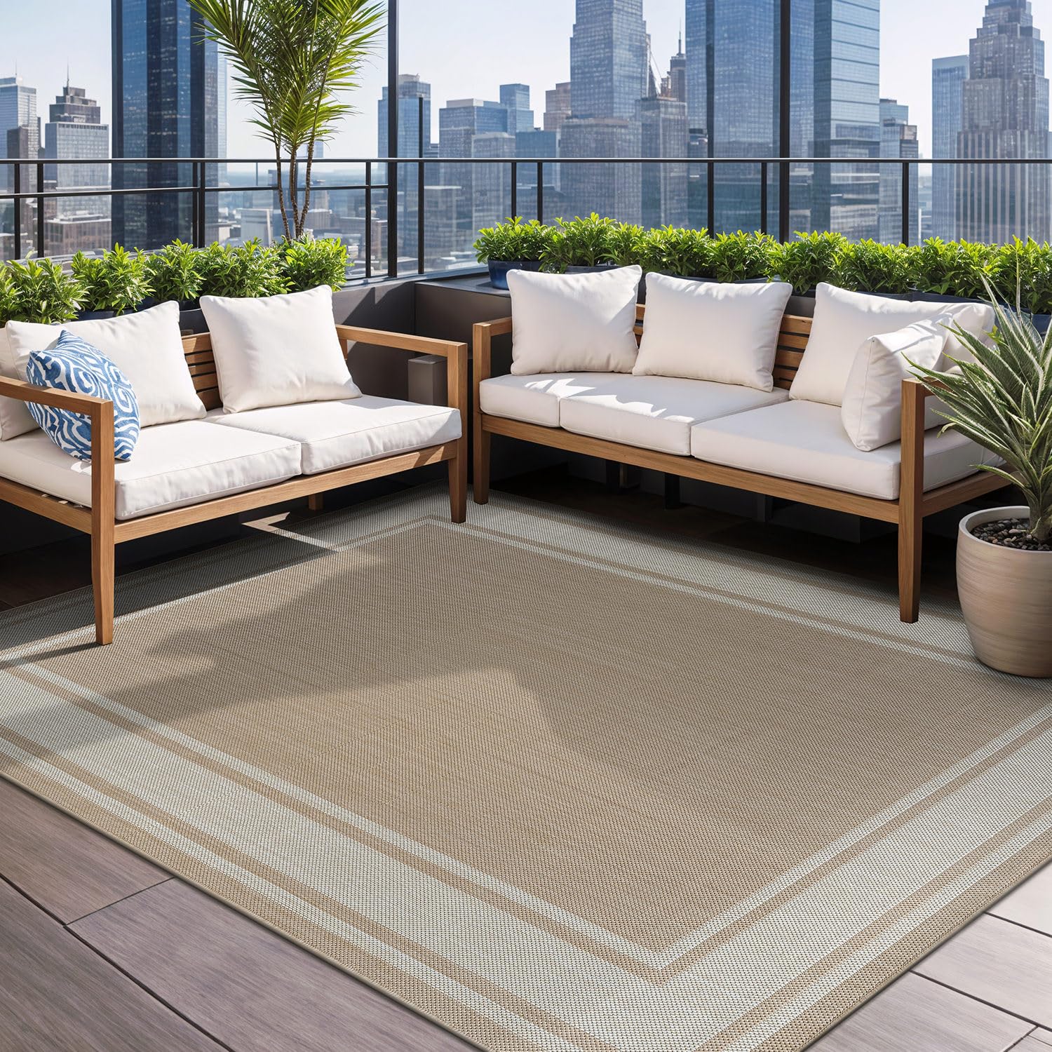 Beverly Rug Outdoor Rug 5x7 Modern Bordered Area Rugs for Indoor and Outdoor Patio Deck Porch Garden Waterproof Weather Sun Resistant Washable Outside Carpet (5 x 7 Beige)
