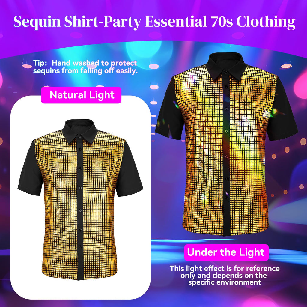 Zando Men's Sequin 70s 80s Disco Shirt - Retro Short Sleeve Button Up Costume Halloween New Year Party Outfit Top & Clubwear
