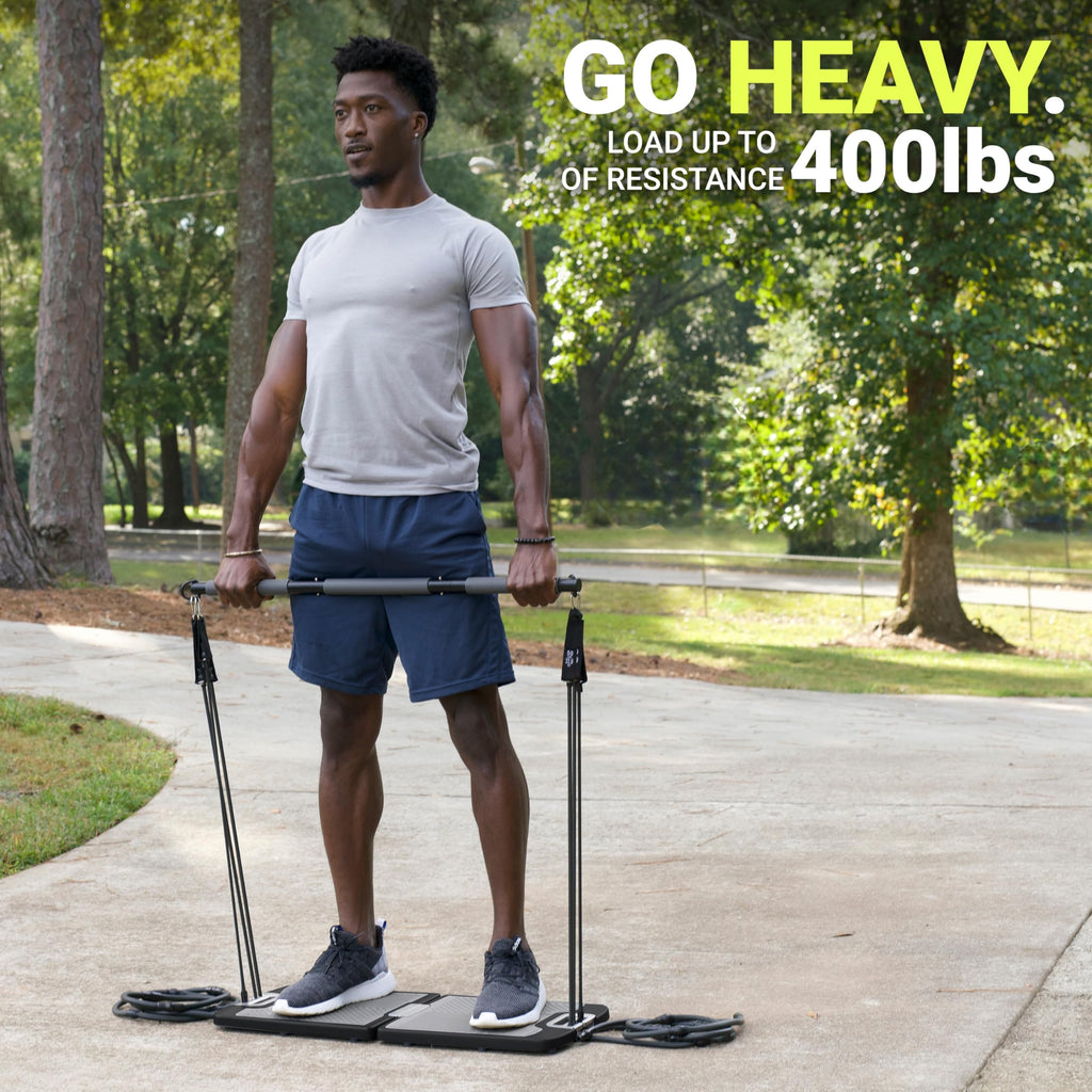 EVO Gym - Portable Home Gym Strength Training Equipment, At Home Gym | All in One Gym - Resistance Bands, Base Holds Gym Bar & Handles for Travel | Portable Gym & Home Exercise Equipment