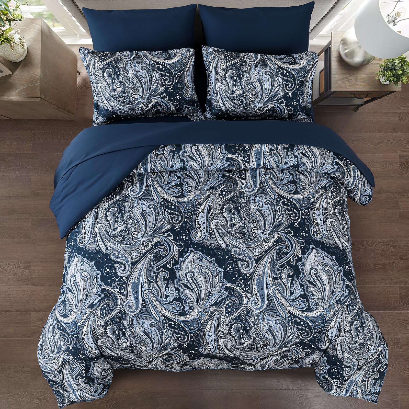 DJY Black Paisley Comforter Set Full Size 7 Piece Bed in a Bag Black and Grey Boho Paisley Pattern Comforter Set Soft Lightweight Microfiber Reversible Bedding Set for All Season