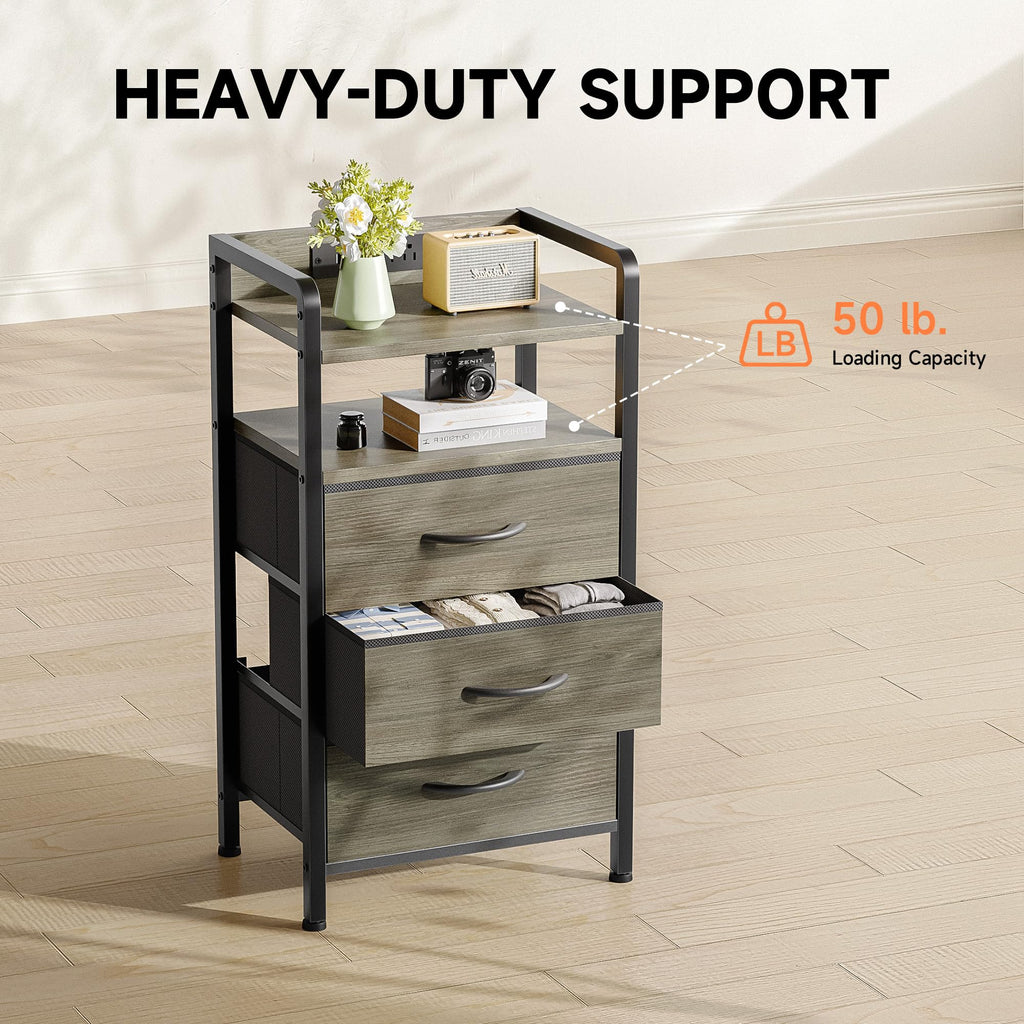 Lazzanto Night Stand Bedside Charger Bedroom - Nightstand with Charging Station & LED Light Strip, Night Stand with Storage Shelf & 2 Fabric Drawers, Morden End Table with U-S-B Ports & AC Outlets