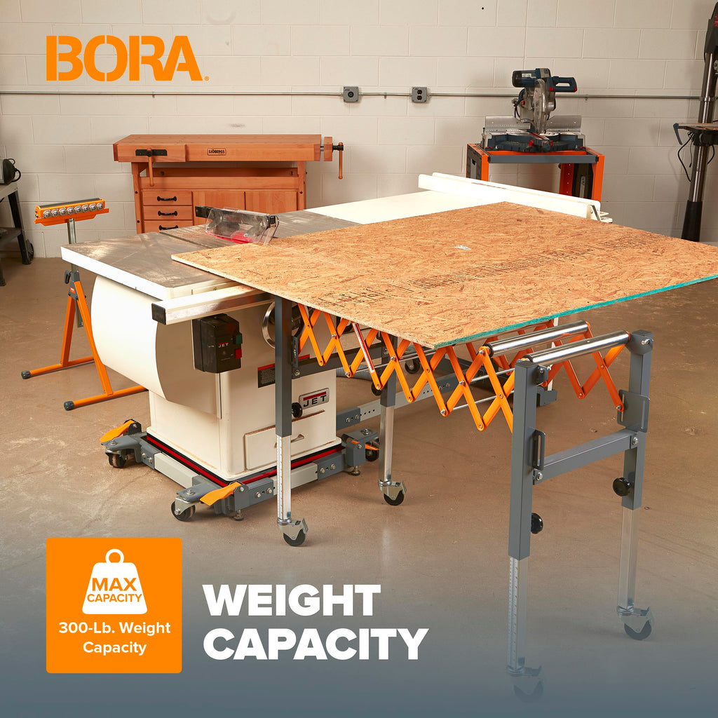 Bora Adjustable Conveyor Rollers Stand Expandable 14 to 50 Inch Table Saw Outfeed Roller for Woodworking 300 lbs Capacity Locking Casters PM-2700