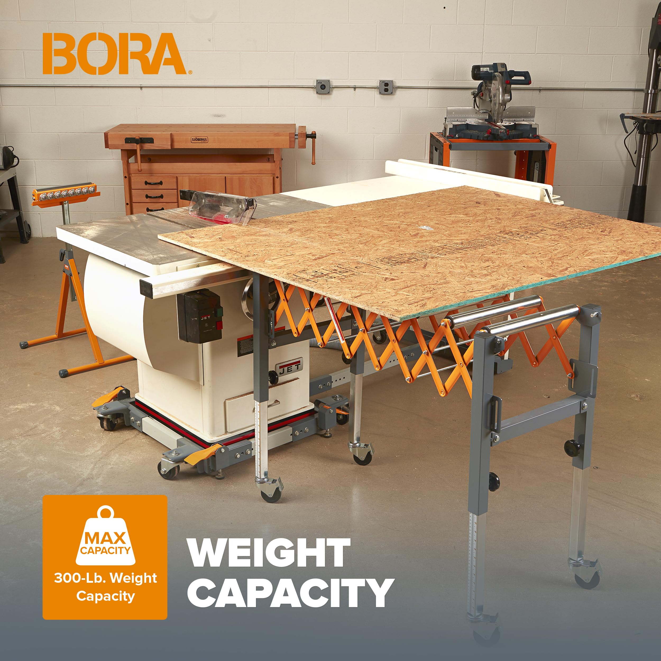 Bora Adjustable Conveyor Rollers Stand Expandable 14 to 50 Inch Table Saw Outfeed Roller for Woodworking 300 lbs Capacity Locking Casters PM-2700