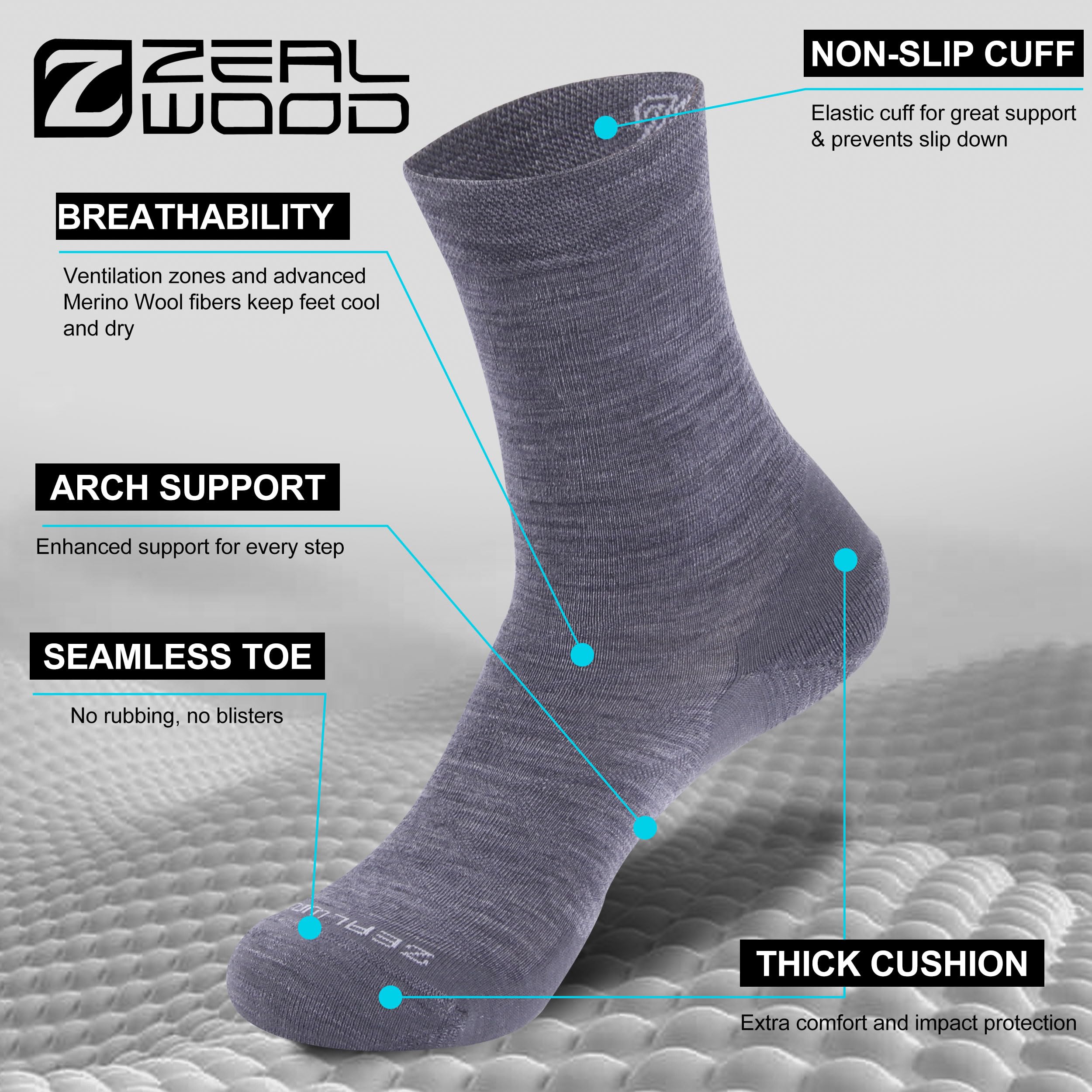 No Show Athletic Socks, ZEALWOOD 3 Pairs Merino Wool Ultra-Light Running Tennis Golf Socks for Men Women