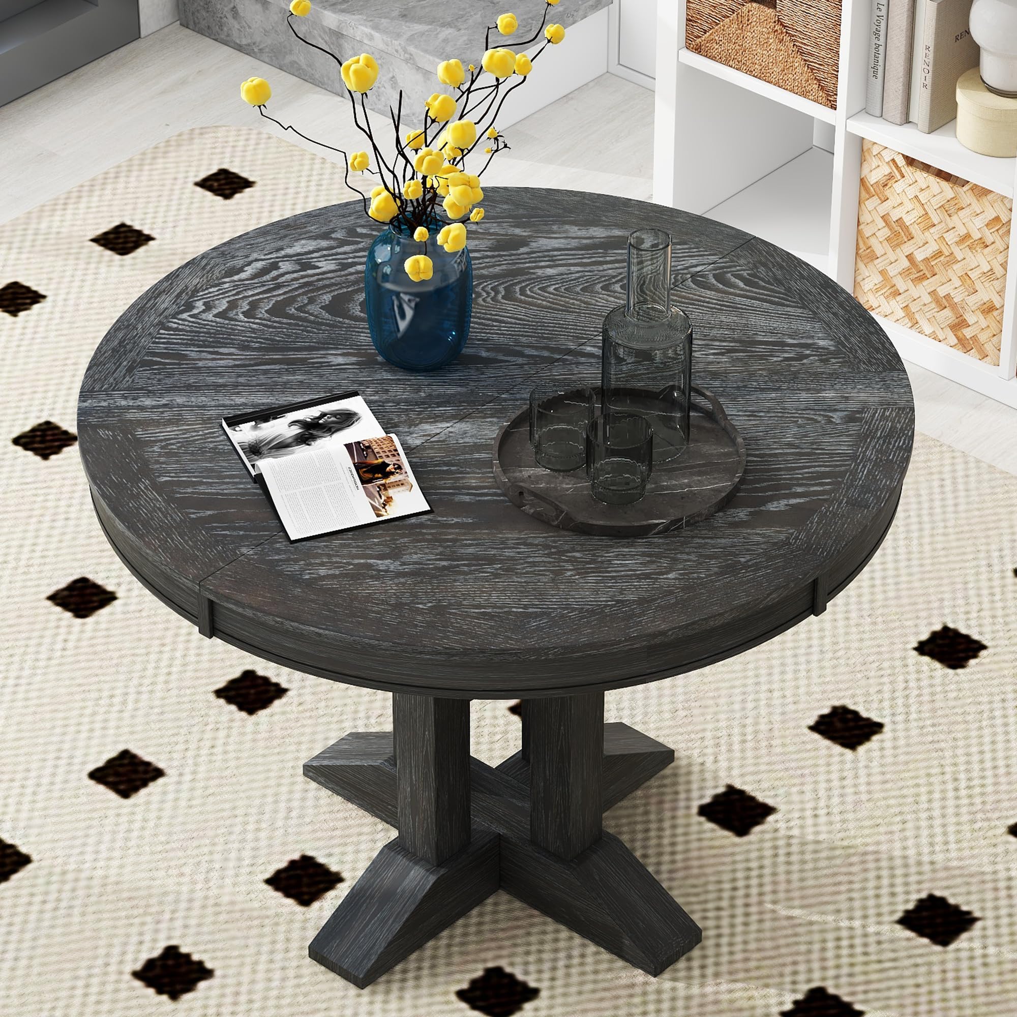 LUMISOL Round Dining Table for 4-6 People, 41"-57" Extendable Kitchen Table with 16" Removable Leaf for Small Places, Kitchen, Dining Room, Espresso
