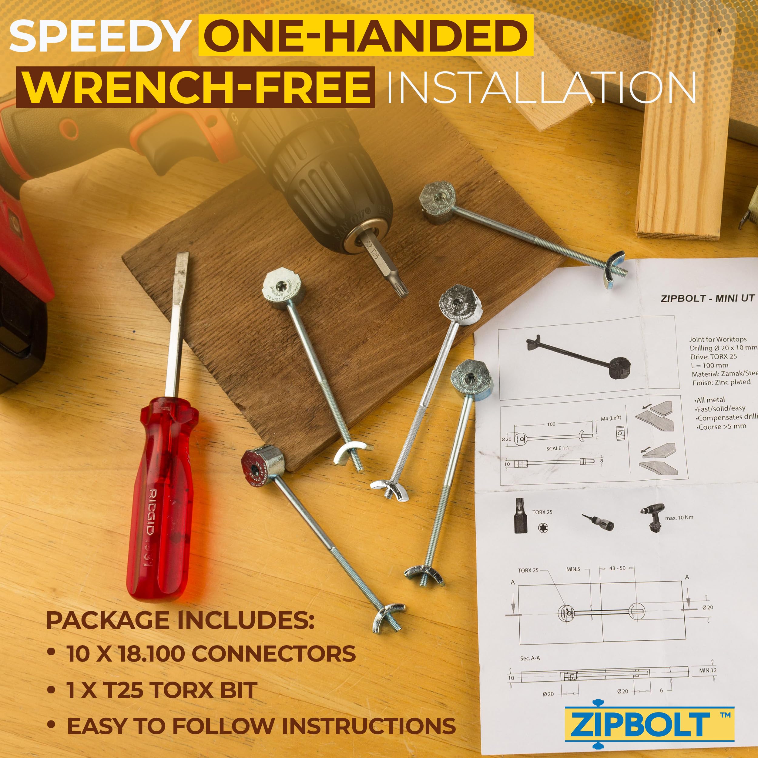 Zipbolt 10.800 Countertop Miter Connector — 20 Piece Joint Fastener Drawbolt Pack with 5mm Hex Bit for Joining Countertops, Butcher Blocks, Furniture, and More - Single-Handed Tightening