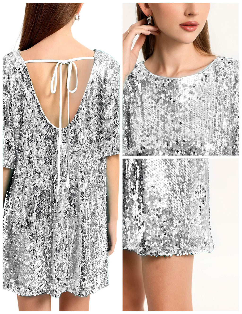 Women's Crew Neck Sequin Dress for Women Sexy V Neck Shirt Dress Sparkly Half Sleeve Loose Party Club Cocktail Dress