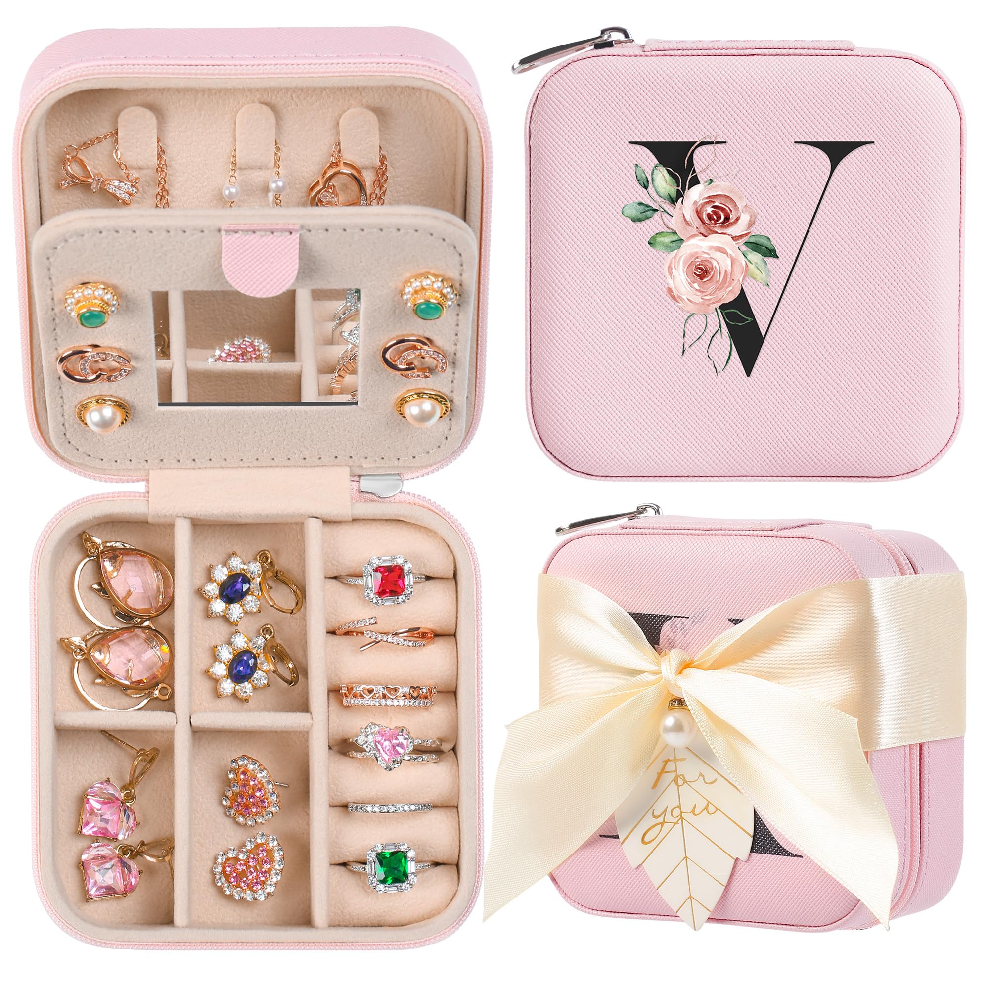 AYGXU Travel Jewelry Box for Women and Girls - Small Case With Initial A-Z - Teacher Gifts