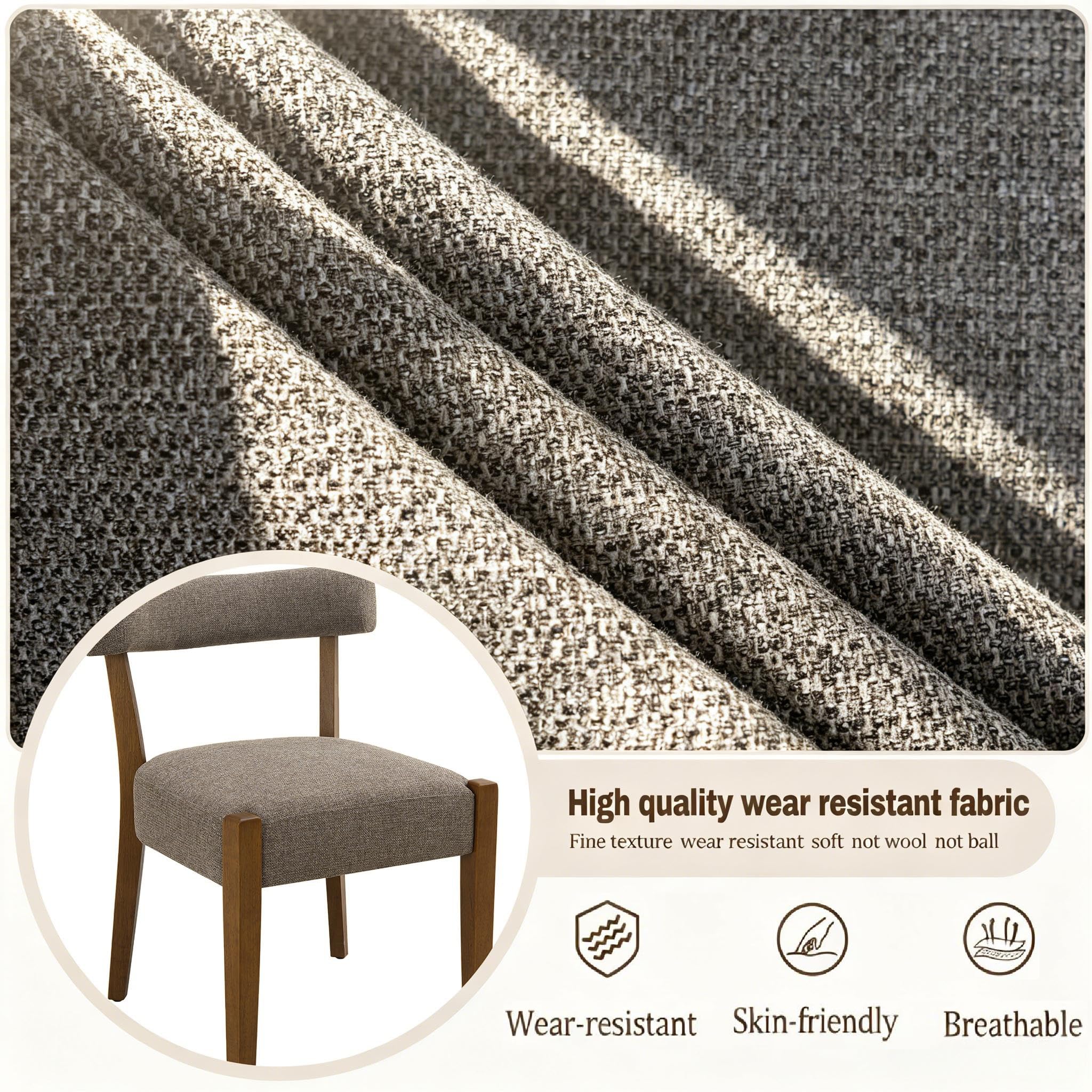 RNKSFX Upholstered Dining Chairs Set of 2, Walnut Wooden Kitchen & Dining Room Chairs, Mid Century Modern Fabric Farmhouse Dining Chairs Oversized Sturdy Rounded Chairs Curved Back, Beige Fabric