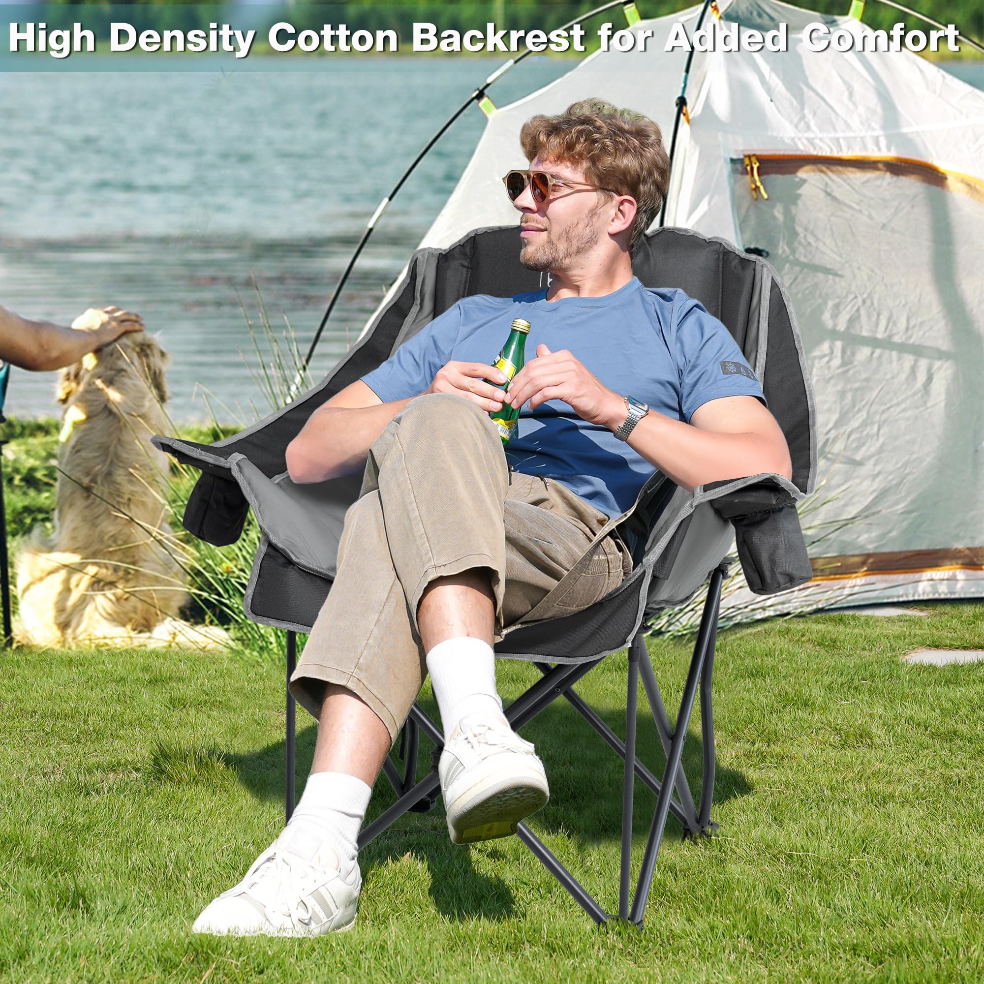 Double Camping Chair Heavy Duty Oversized Padded Loveseat for Adults 2 Person Outdoor Portable Camping Chairs for Lawn, Backyard, Fishing, Trip, Support 600lbs, Grey