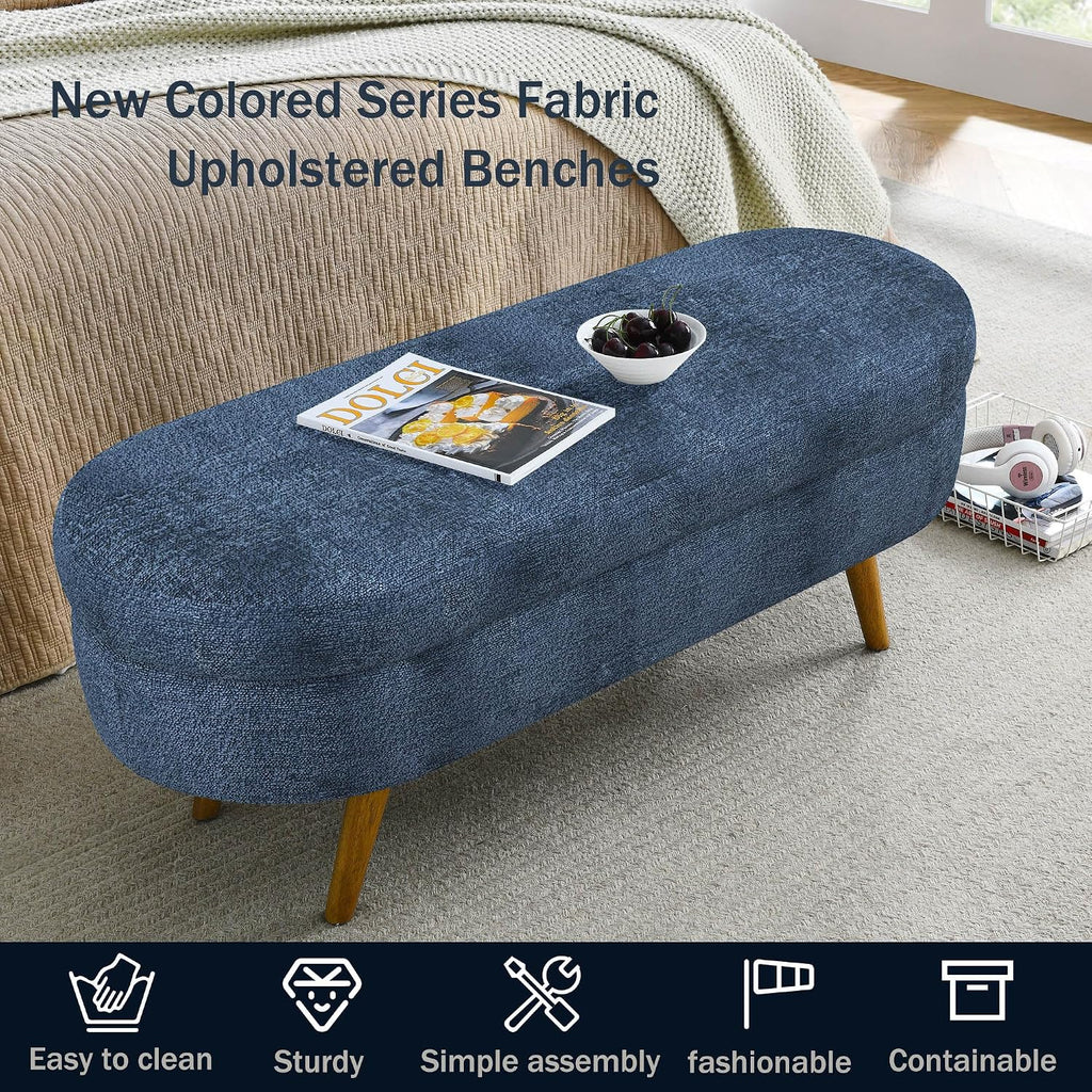 ECLYL Oval Storage Bench 43.5" Linen Fabric Upholstered Entryway Bench with Solid Wood Legs Ottoman Bench Indoor Bench for Living Room/Bedroom/End of Bed/Entryway (Blue)