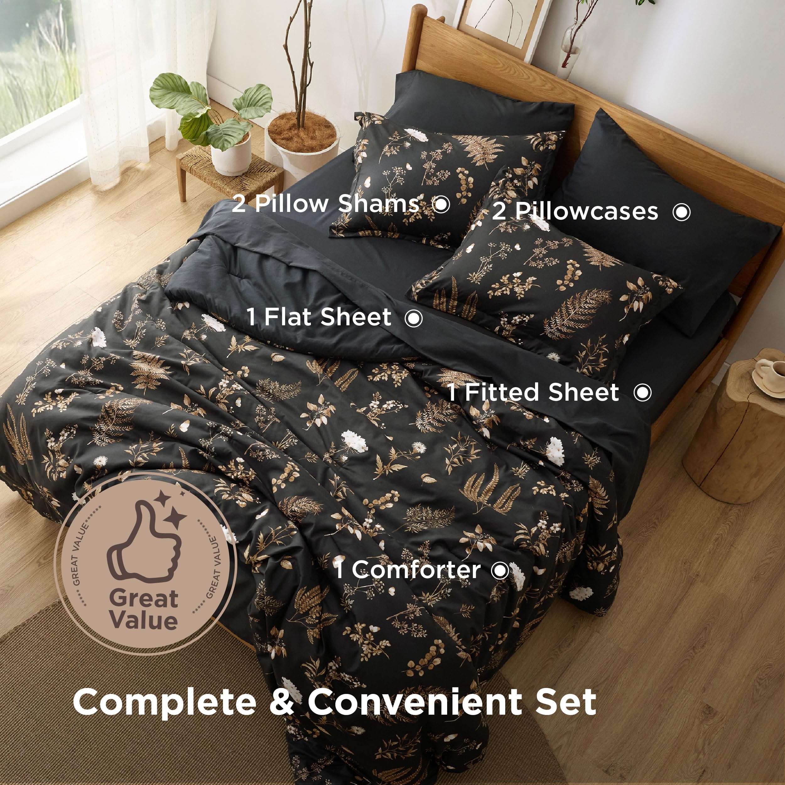 Bedsure Twin Comforter Set - 5 Pieces Floral Sage Green Soft Bedding Sets, Twin Bed in a Bag with Botanical Flowers Comforter, Sheets, Pillowcase & Sham