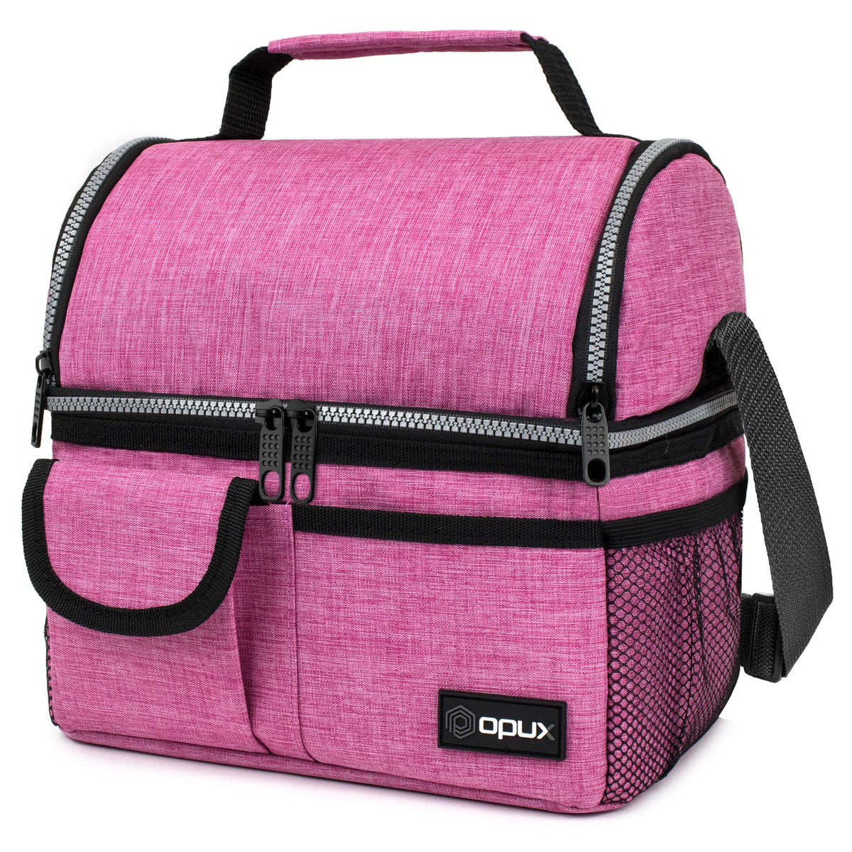 opux Insulated Lunch Bag Women Men, Dual Compartment Leakproof Lunch Box Adults Kids, Double Decker Meal Prep Bento Lunch Cooler Tote with Shoulder Strap for Work Office School Travel, Black