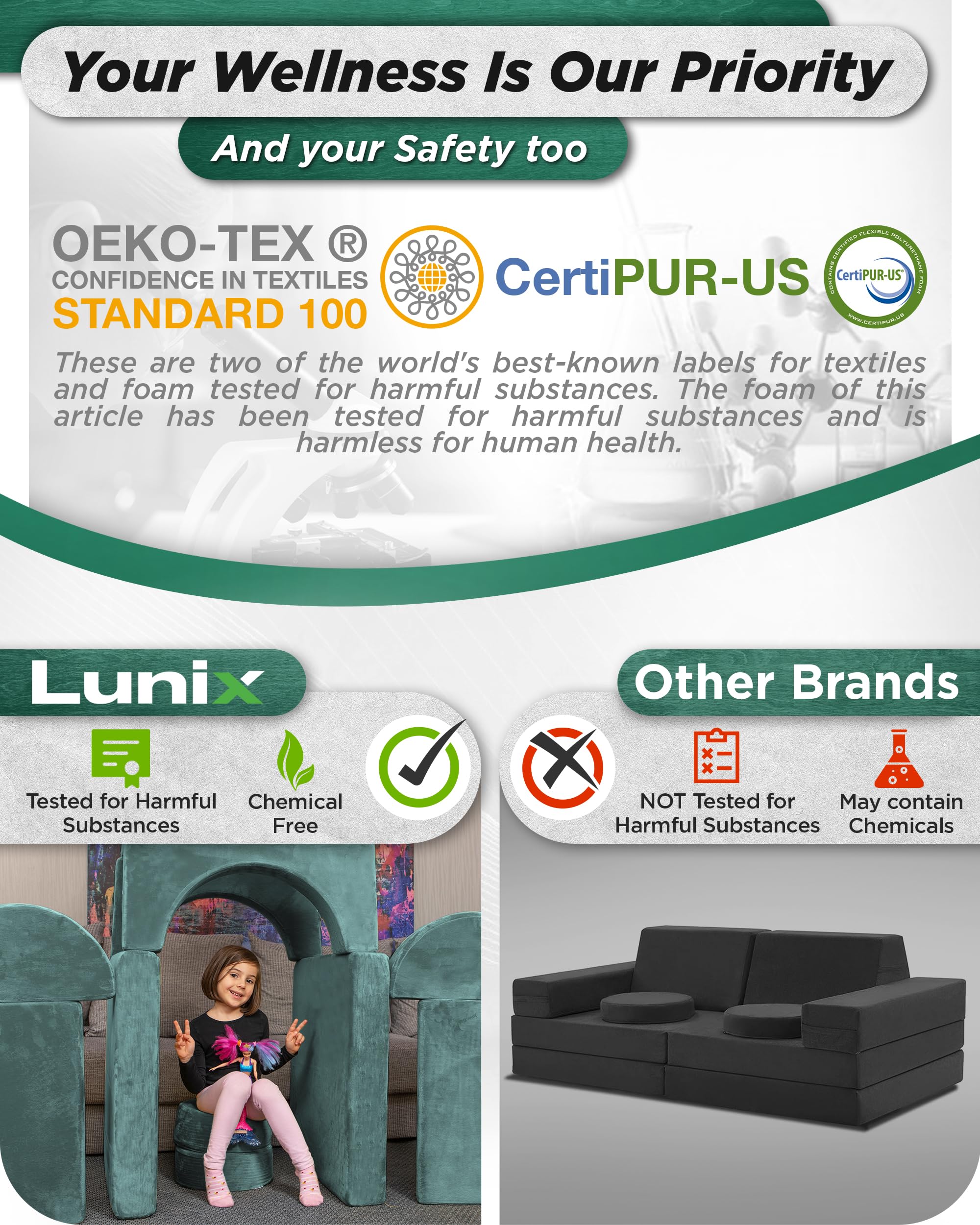 Lunix LX15 14pcs Modular Kids Play Couch, Child Sectional Sofa, Fortplay Bedroom and Playroom Furniture for Toddlers, Convertible Foam and Floor Cushion for Boys and Girls, Amber Yellow