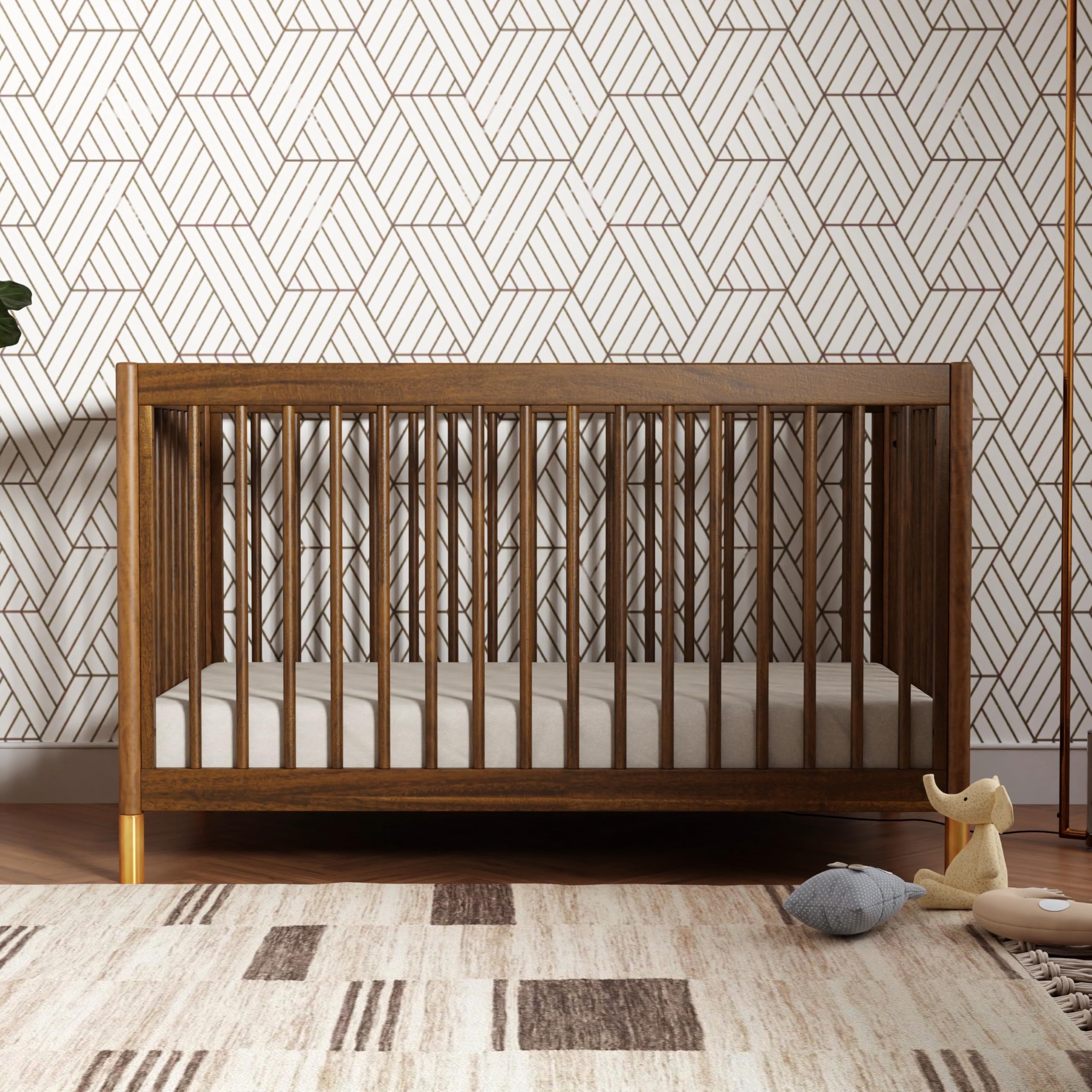 Babyletto Gelato 4-in-1 Convertible Crib with Toddler Bed Conversion in Natural Walnut and Brushed Gold Feet, Greenguard Gold Certified