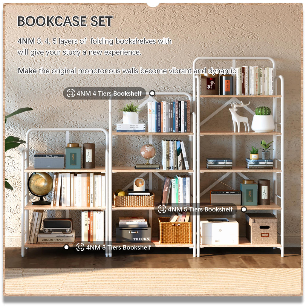 4NM No Assembly Folding Bookshelf, 3 Tiers Collapsible Book Shelves Open Industrial Foldable Storage Bookcase Shelf for Bedroom, Living Room, Home Office - Natural and White