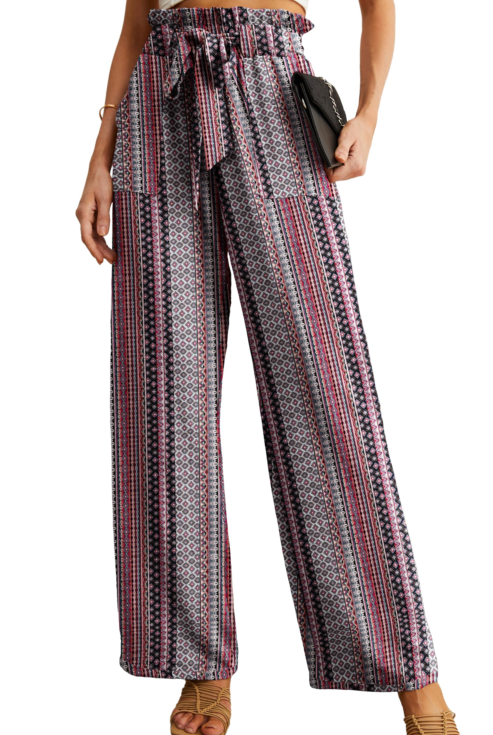IWOLLENCE Women High Waist Palazzo Pants, Adjustable Knot Ankle Wide Leg Trousers Pockets Beach Vacation Lounge Office