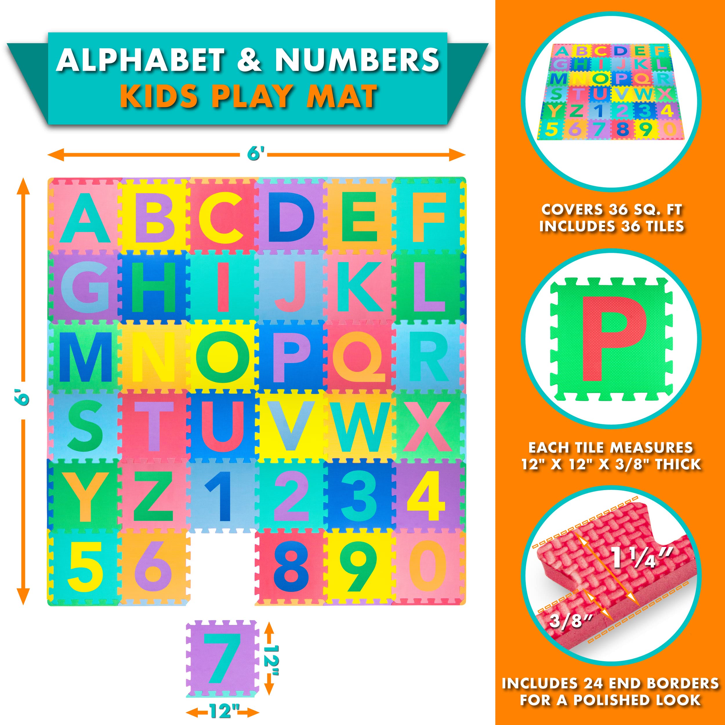 ProSource Kids Foam Puzzle Floor Play Mat with Shapes & Colors 36 Tiles, 12"x12" and 24 Borders