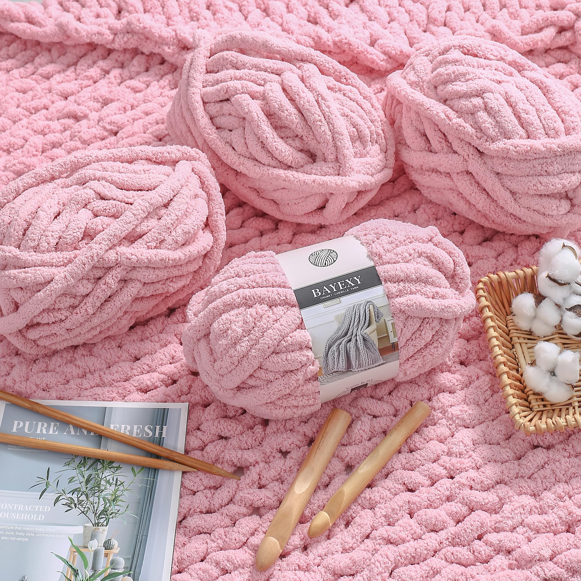Chunky Chenille Yarn for Hand Knitting 8 Jumbo Pack Jumbo Chunky Yarn for Hand Soft Blanket Knitting, Bulky Thick Fluffy Yarn for Crocheting (Black)