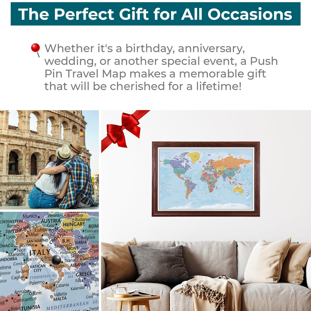 Personalized Canvas Rolled Poster World Map Wall Art with Pins – Large 24" x 36" Blue Oceans Map of the World – Push Pin Travel Decor for Home or Office