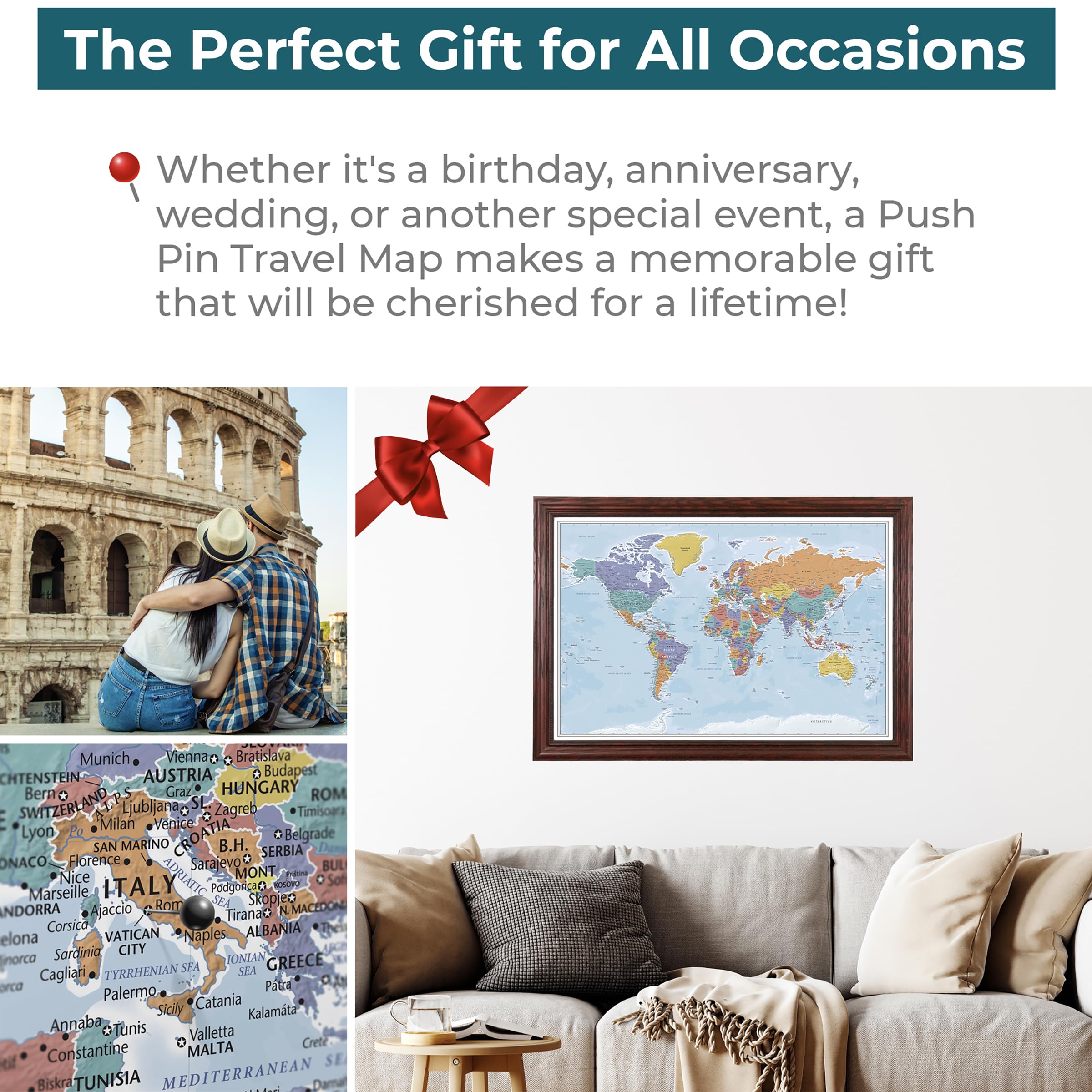 Personalized Canvas Rolled Poster World Map Wall Art with Pins – Large 24" x 36" Blue Oceans Map of the World – Push Pin Travel Decor for Home or Office