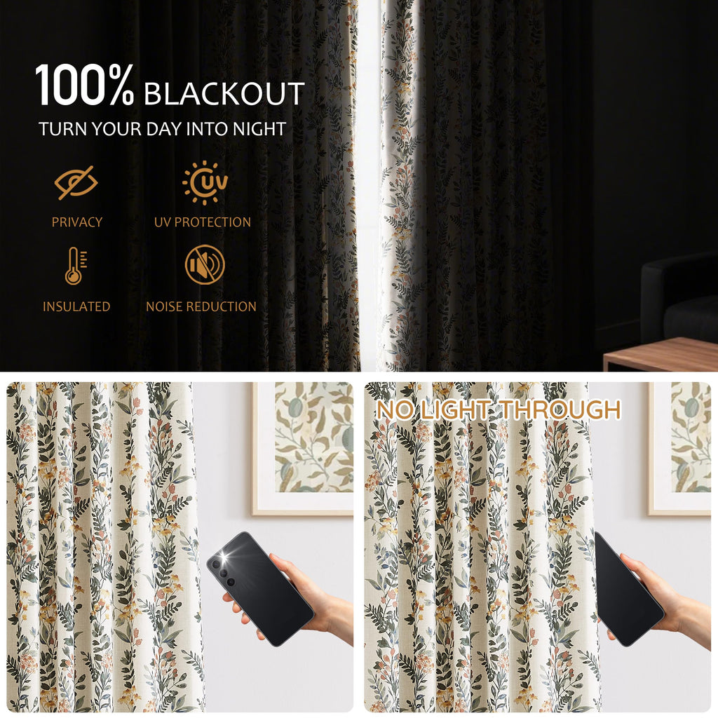Kayne Studio Pinch Pleated Full Blackout Window Curtain Panels Botanical Floral Boho Leaf Print Country Farmhouse GreenYellow Room Darkening Thermal Insulated Window Treatment Bedroom,40"x84",2 Panels
