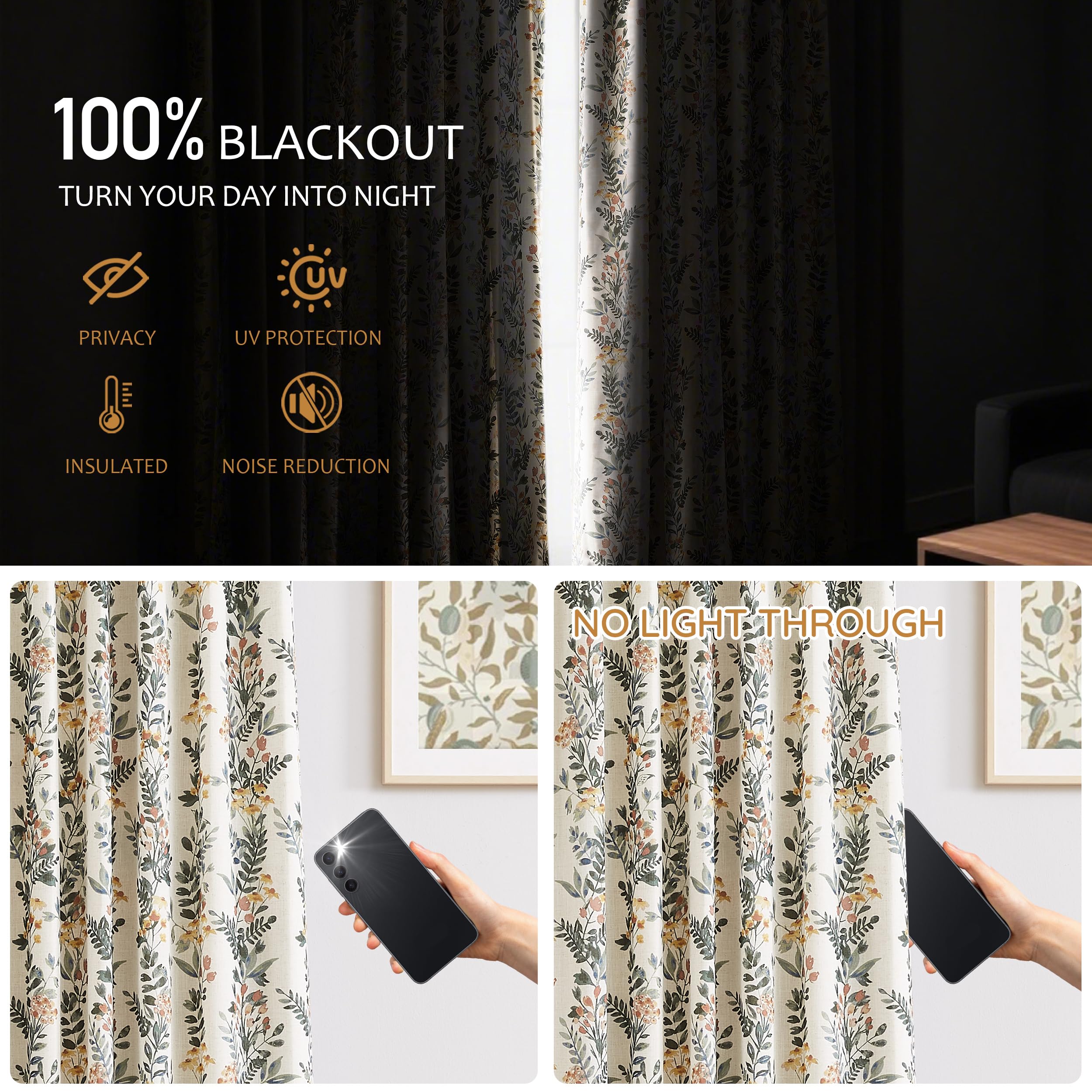 Kayne Studio Pinch Pleated Full Blackout Window Curtain Panels Botanical Floral Boho Leaf Print Country Farmhouse GreenYellow Room Darkening Thermal Insulated Window Treatment Bedroom,40"x84",2 Panels