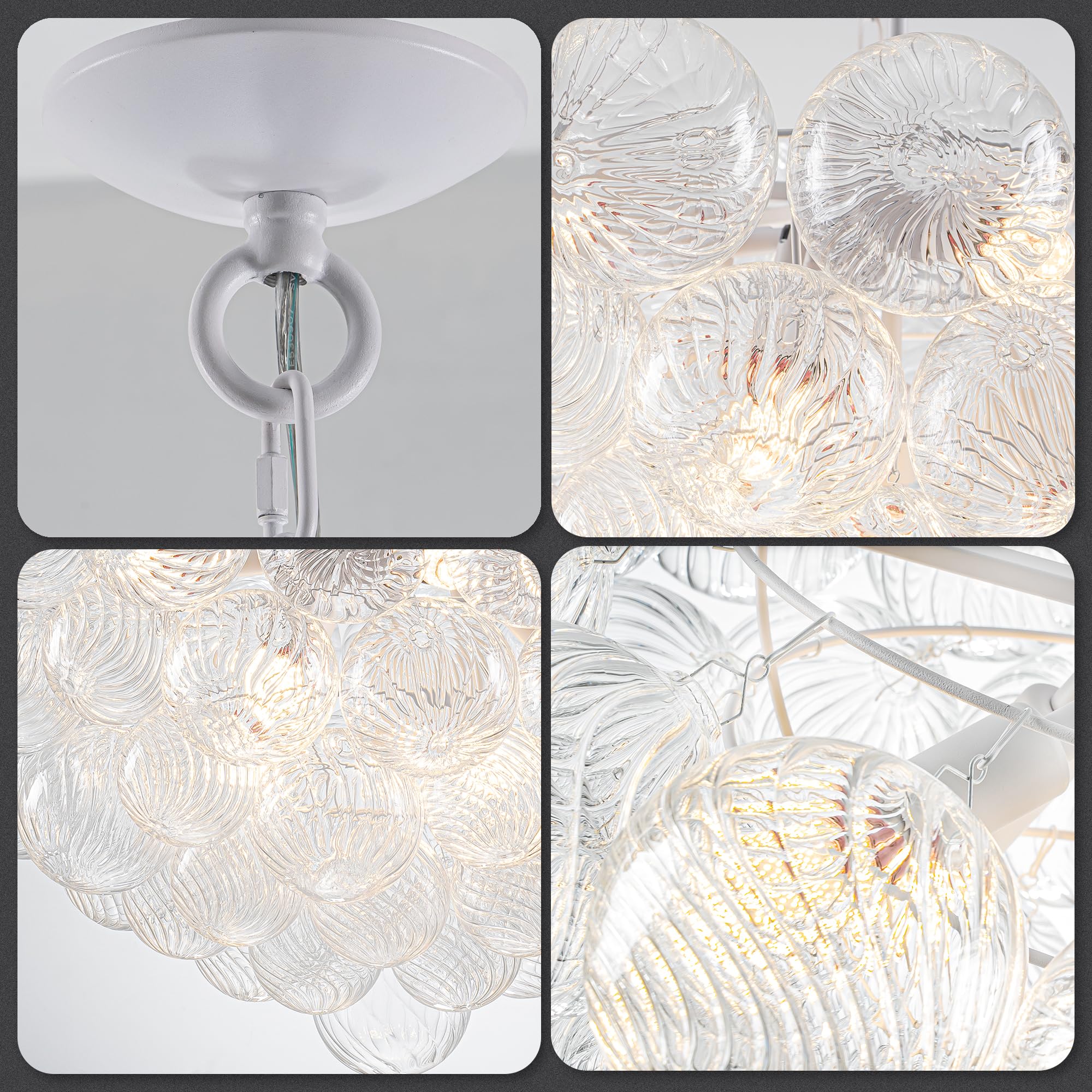 Longree Bubble Glass Ball Chandelier White 20" Dia Pendant Light | Swirled Glass Globe, for Dining Room Kitchen Bathroom Entry Bedroom