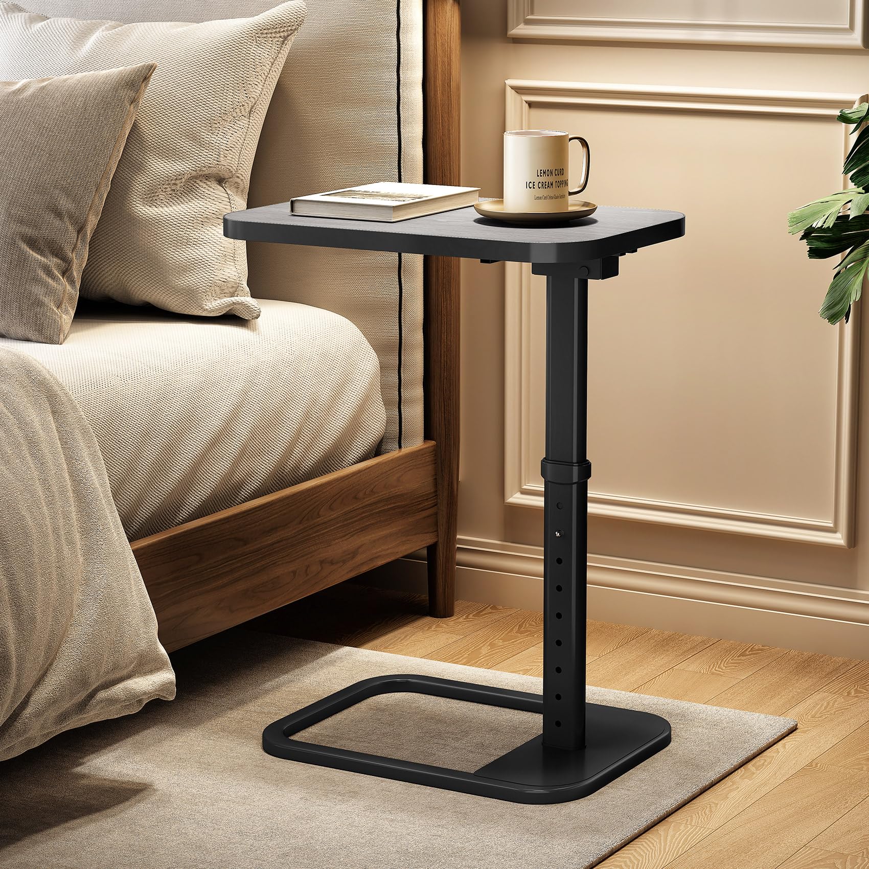 Kitstorack TV Tray Table, Adjustable Height & Rounded Metal Corners, Snack Table for Couch, Sofa, Bed, Chair, Living Room, C Shaped End Side Table for Eating, Dinner or Laptop, Small Spaces, Black