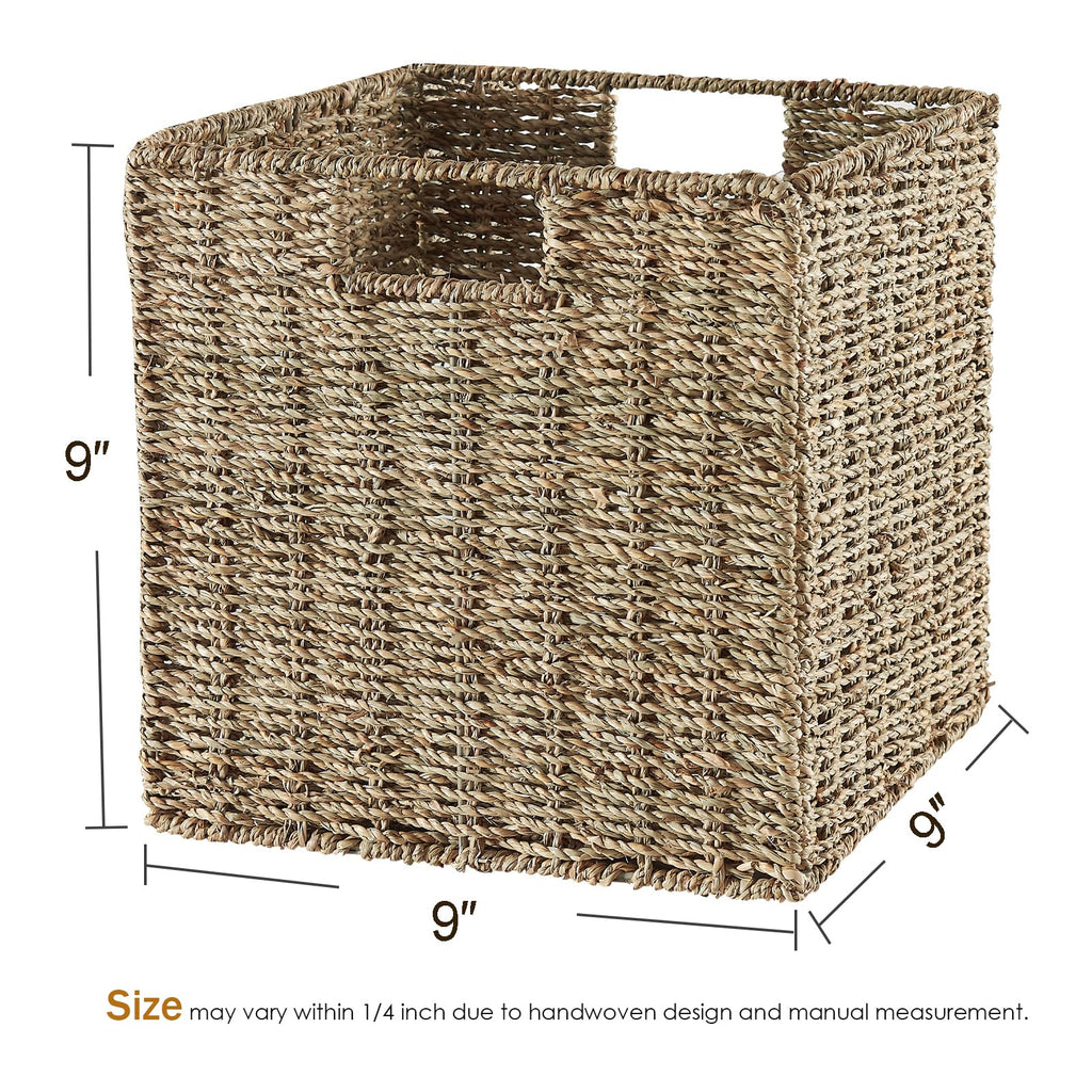Vagusicc Wicker Storage Basket, Set of 2 Seagrass Storage Baskets, Foldable Wicker Basket 9 Inch Square Cube Storage Bins Storage Baskets for Organizing Shelf Baskets, 9''x9''x9''