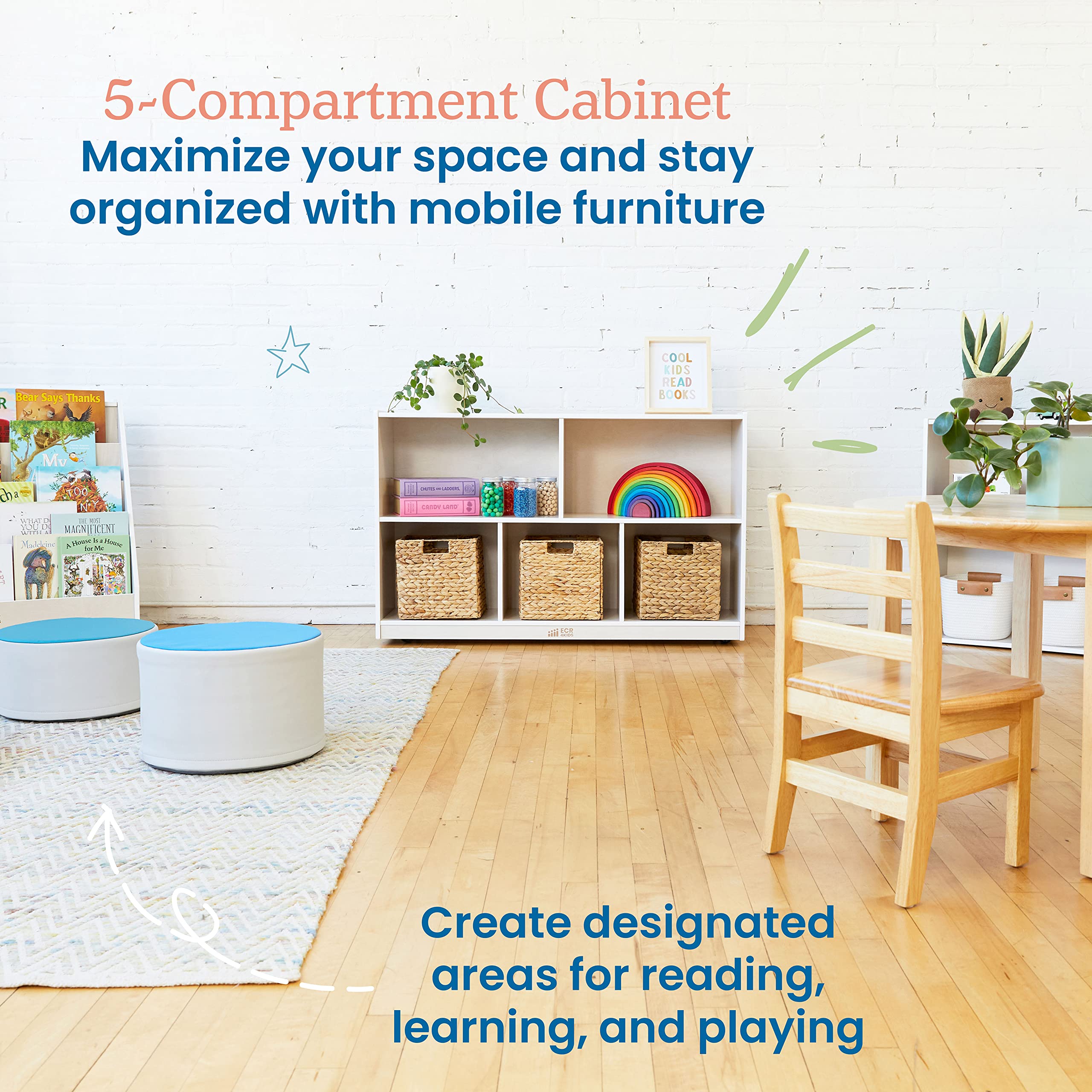 ECR4Kids 5-Compartment Mobile Storage Cabinet, Preschool, Classroom Furniture, Grey Wash