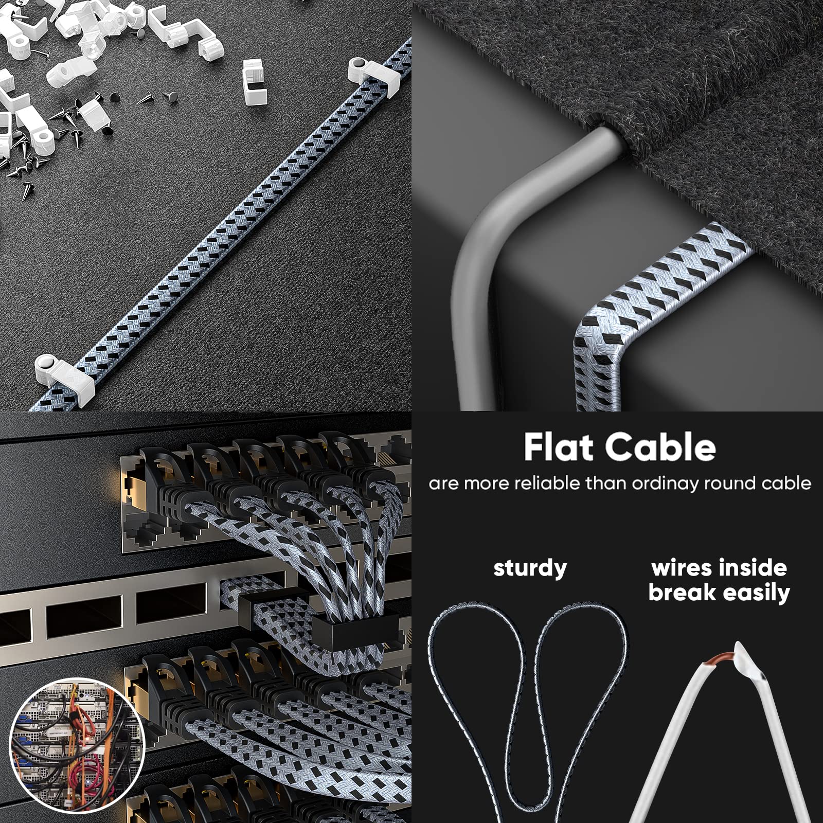 ARISKEEN Cat 8 Ethernet Cable 1 FT 2 Pack, Nylon Braided High Speed Cat8 Network LAN Patch Cord, 40Gbps 2000Mhz Shielded RJ45 Flat Internet Cable (Black)