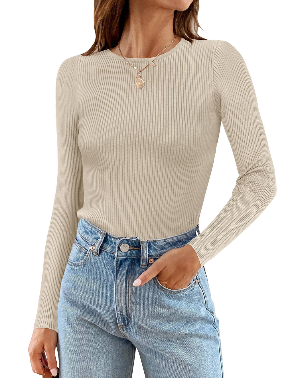 ZESICA Women's Long Sleeve Crewneck Shirts 2026 Spring Ribbed Knit Sweater Slim Fitted Casual Basic Tee Tops
