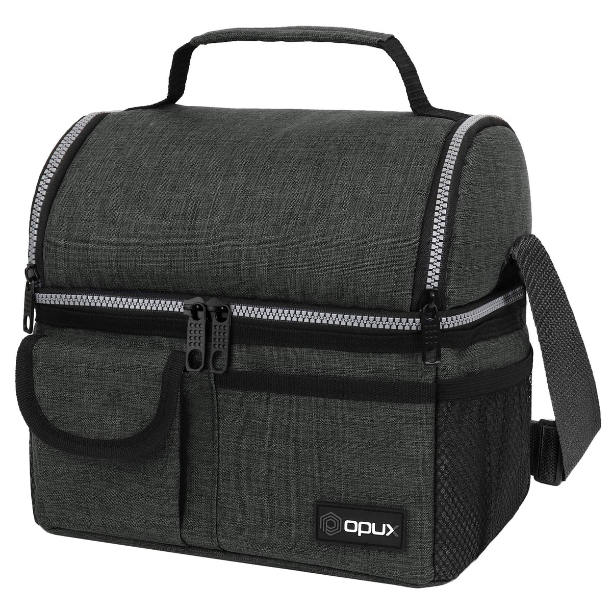 opux Insulated Lunch Bag Women Men, Dual Compartment Leakproof Lunch Box Adults Kids, Double Decker Meal Prep Bento Lunch Cooler Tote with Shoulder Strap for Work Office School Travel, Black