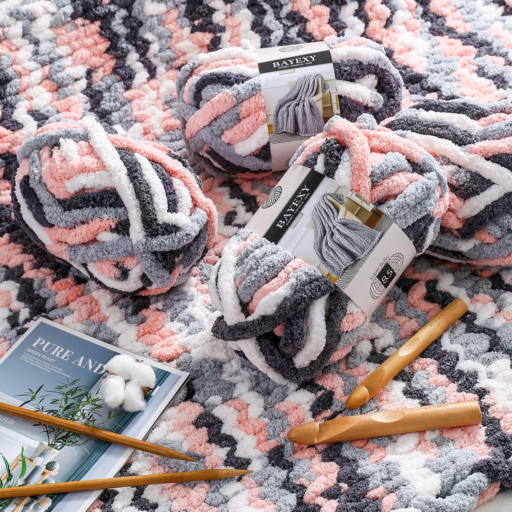 Chunky Chenille Yarn for Hand Knitting 8 Jumbo Pack Jumbo Chunky Yarn for Hand Soft Blanket Knitting, Bulky Thick Fluffy Yarn for Crocheting (Black)