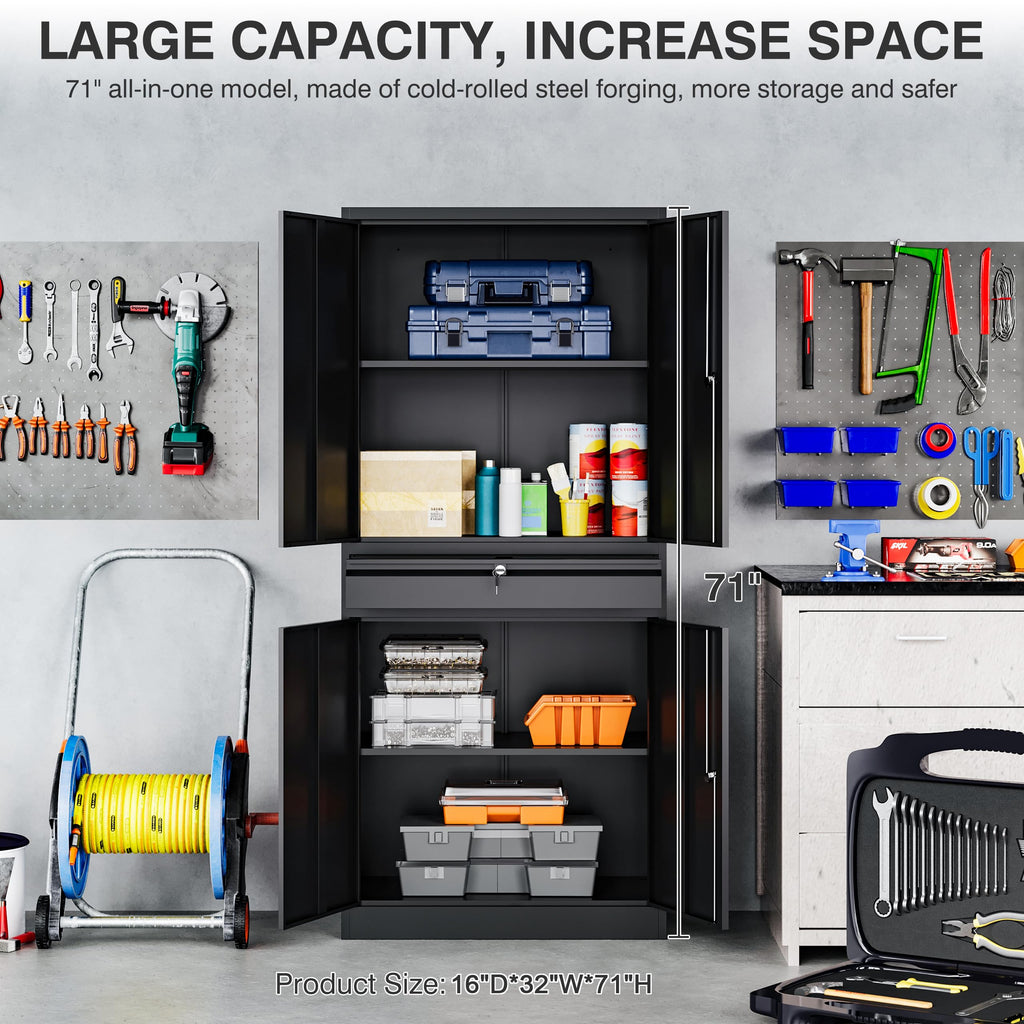 SISESOL Wide & Deep Metal Storage Cabinet with Wheels,Tall Rolling Garage Storage Cabinet with Lock,Black Metal Cabinets with Pegboards and Shelves,Tool Locker for Garage,Home,Office,43''Wx 20''Dx71"H