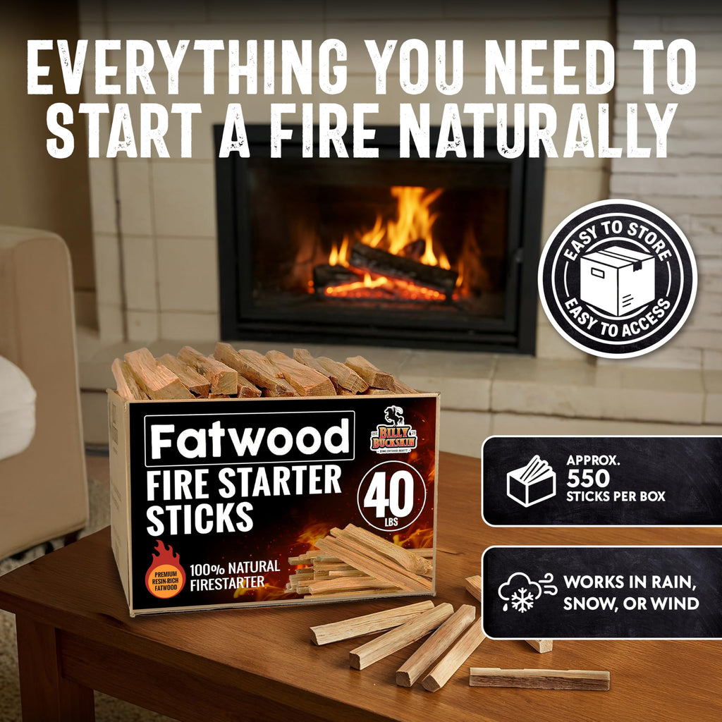 2lb Fatwood Fire Starter Sticks | 100% Natural Fire Starters for Campfires, Firepit, Wood Stoves, Fireplaces, BBQ | Start a Fire w/Just 2 Sticks | Camping Essentials by Billy Buckskin (2lb Bag)
